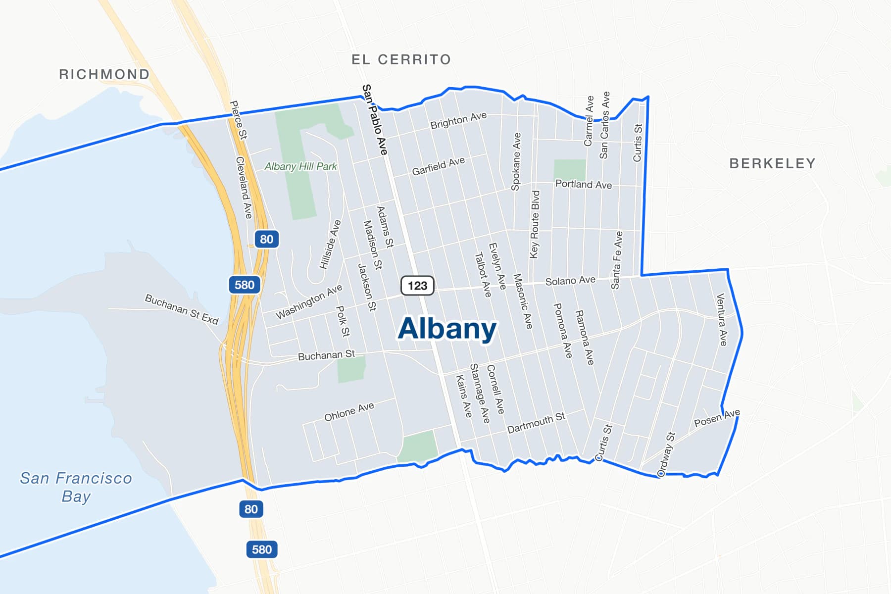 Street map of Albany, California, from the bay shoreline and I-80 east across San Pablo Avenue and Solano Avenue.