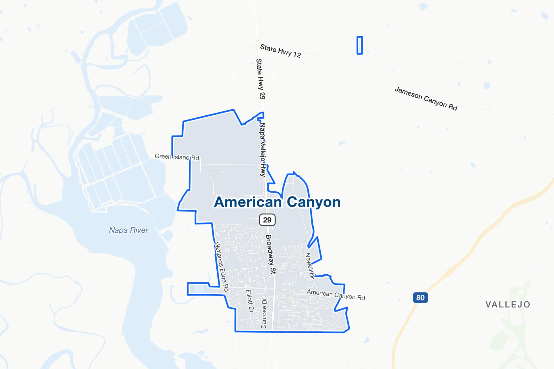 Mapa de American Canyon, California, con State Route 29.