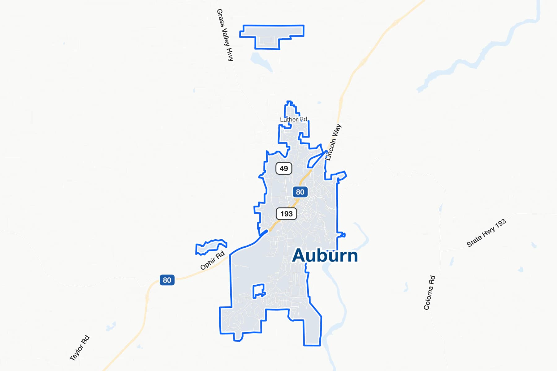 Street map of Auburn, California, with I-80, State Route 49 and Lincoln Way labelled.