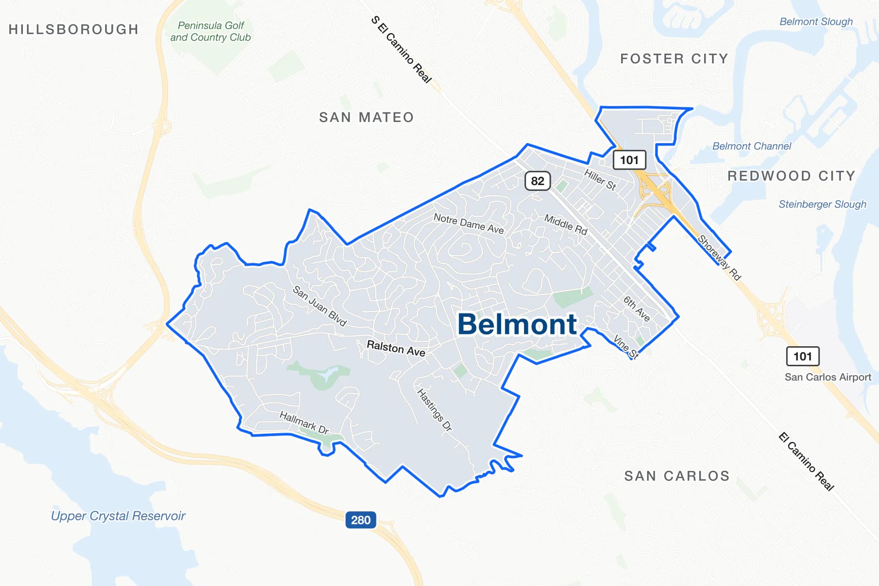 Карта улиц Белмонта в Калифорнии с обозначениями US 101, El Camino Real и Ralston Avenue.