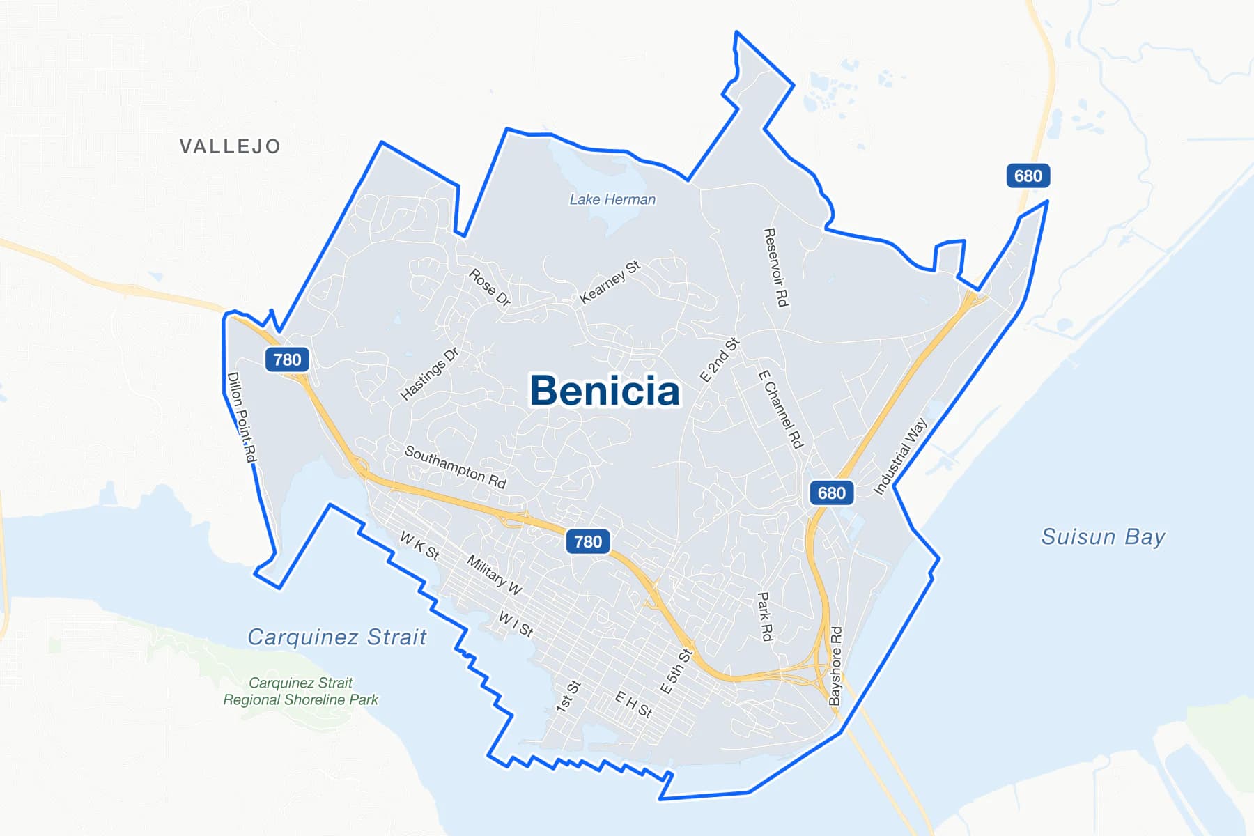 Mapa de calles de Benicia, California, con Interstate 780, Interstate 680 y Military West señalados.