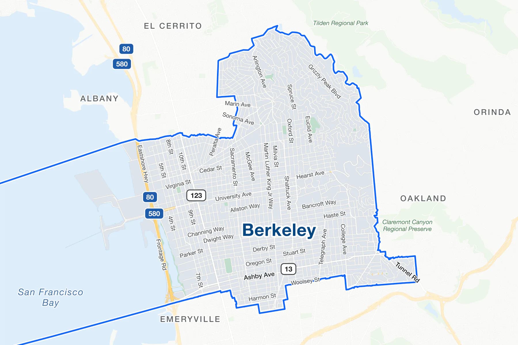 Street map of Berkeley from the bay shoreline and I-80 to the hills, with Ashby Avenue and San Pablo Avenue marked.