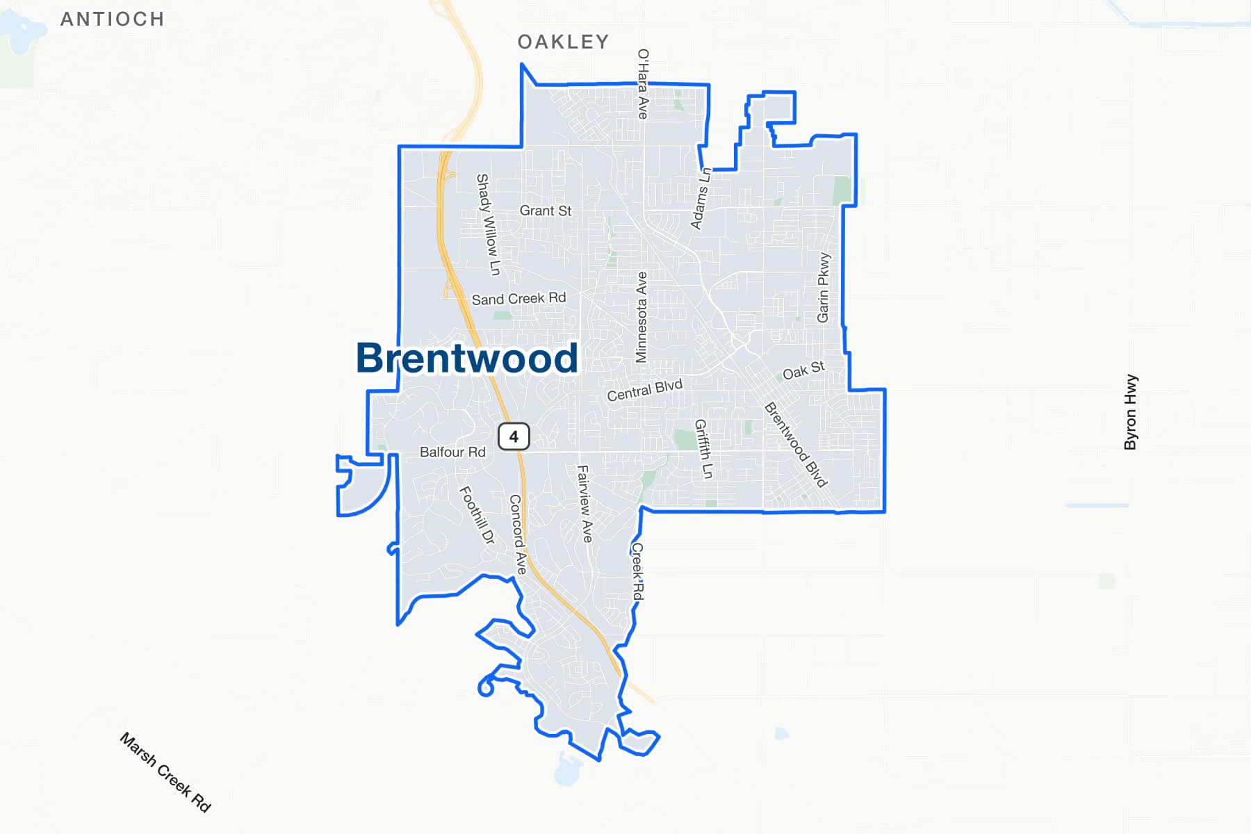 Mapa de calles de Brentwood, California, con State Route 4, Brentwood Boulevard, Balfour Road y Sand Creek Road señalados.