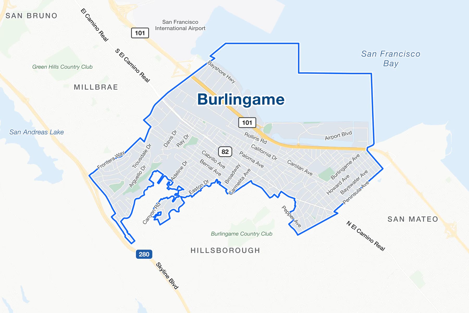Mapa de calles de Burlingame, California, con US 101, Interstate 280 y El Camino Real señalados.