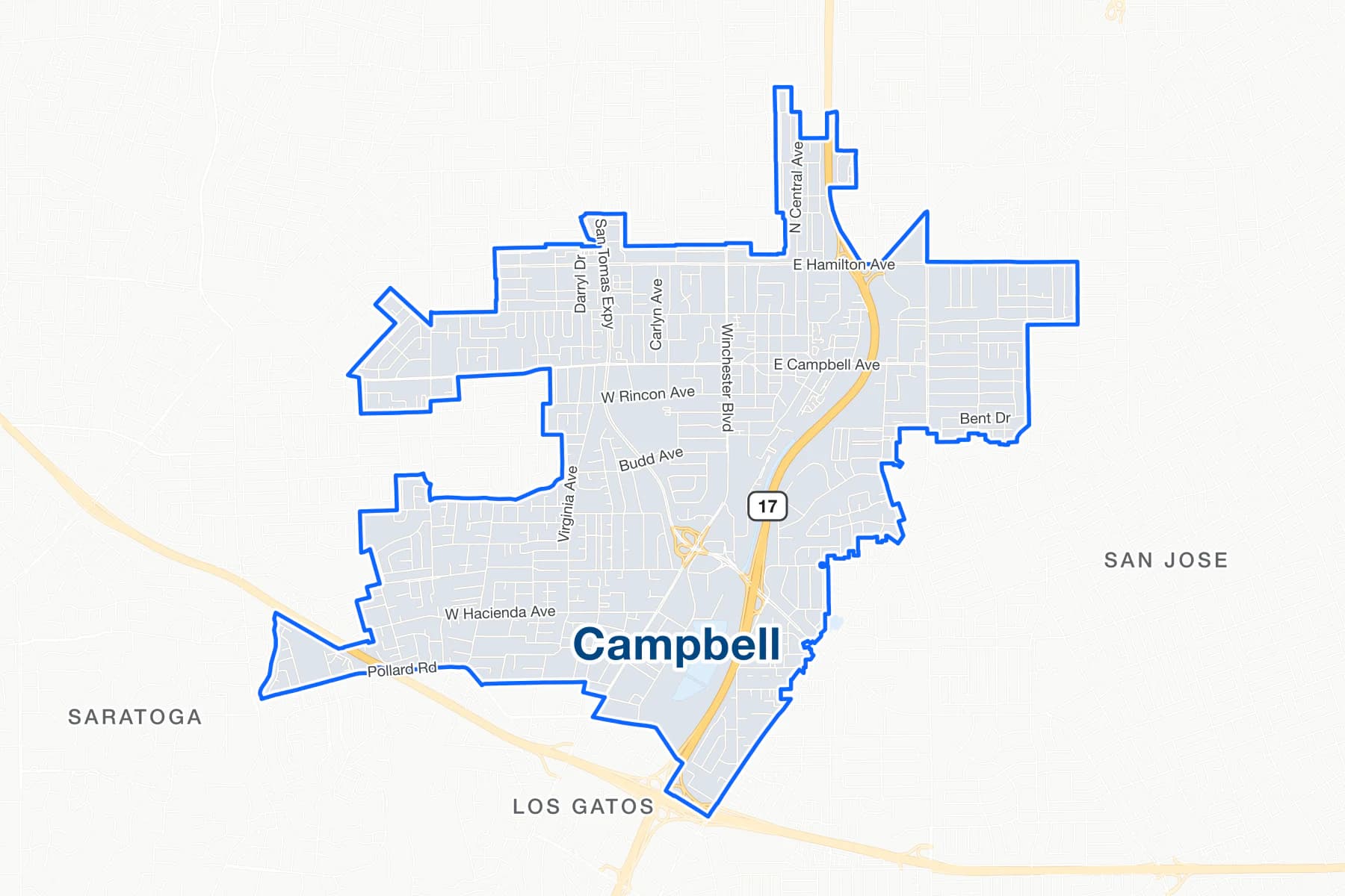 カリフォルニア州キャンベルの道路地図。Winchester Boulevard、Hamilton Avenue、州道17号線を表示。
