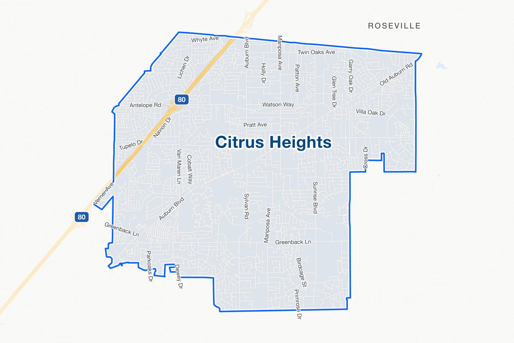 Street map of Citrus Heights, California, with I-80, Sunrise Boulevard and Greenback Lane labelled.