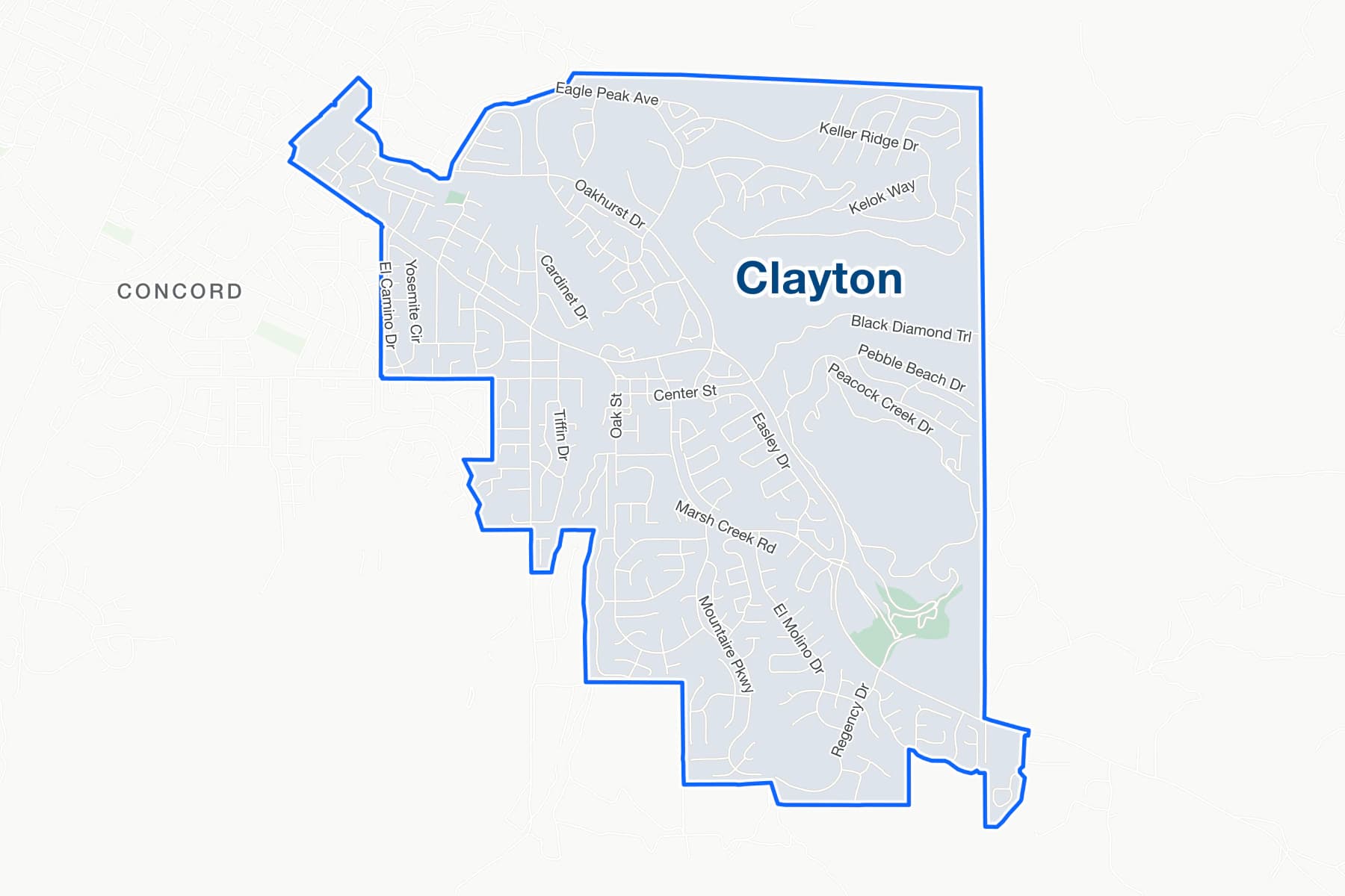 Street map of Clayton, California, with Center Street, Oakhurst Drive, Eagle Peak Avenue and Marsh Creek Road, and Concord to the west.