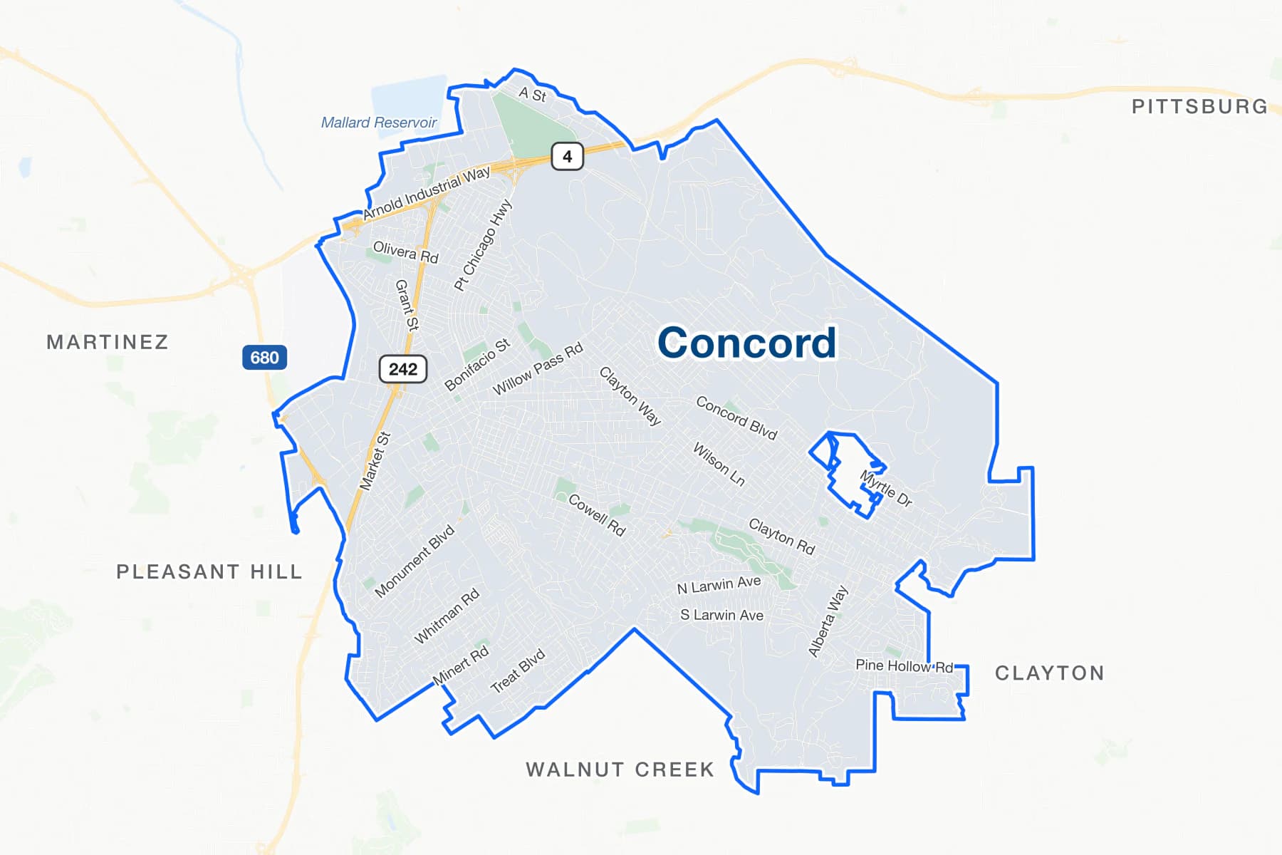 Street map of Concord with Interstate 680, State Route 242 and State Route 4, and Willow Pass Road, Clayton Road and Treat Boulevard labelled.