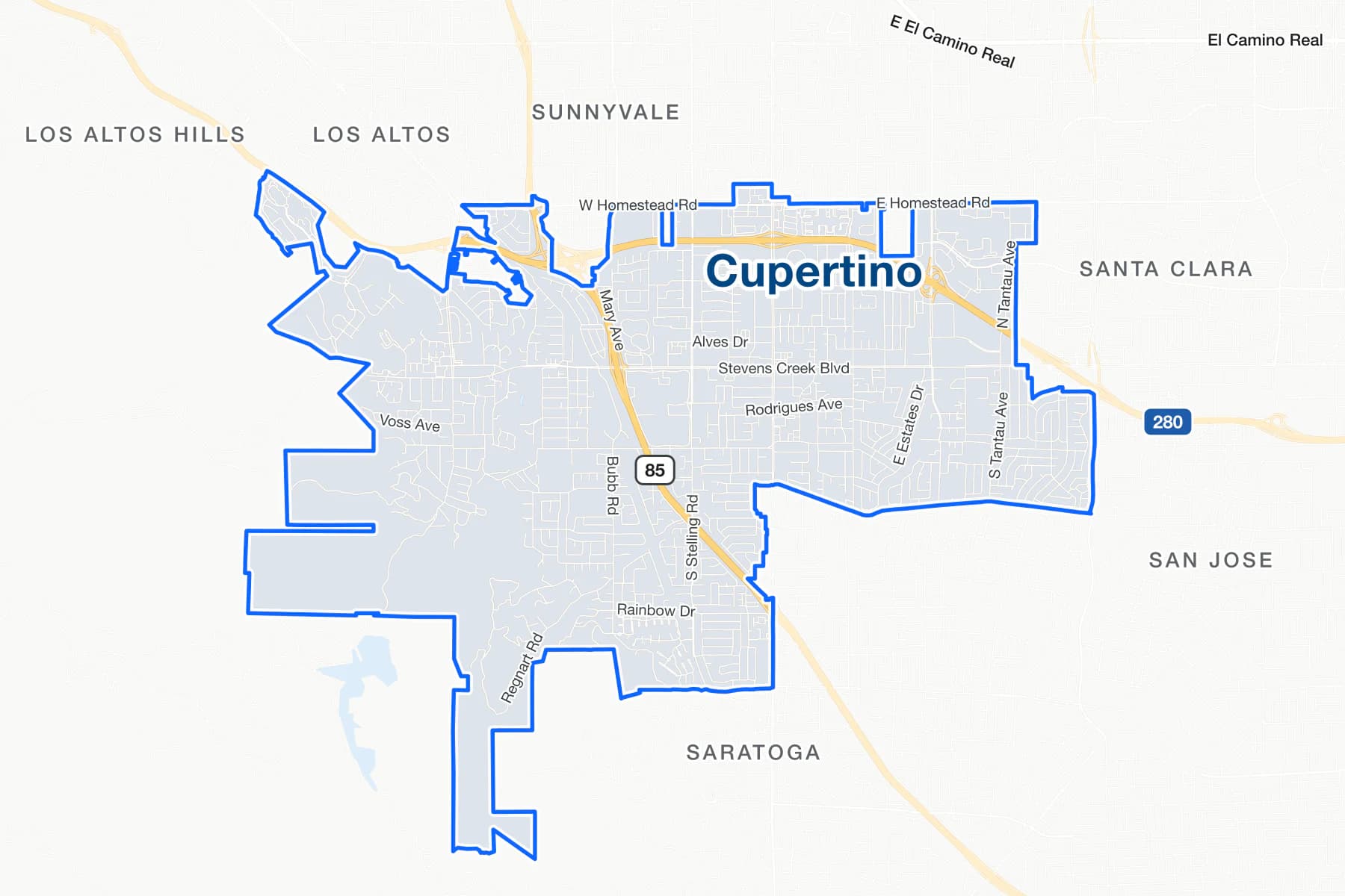 Mapa de calles de Cupertino, California, con Stevens Creek Boulevard, De Anza Boulevard y Homestead Road señalados.