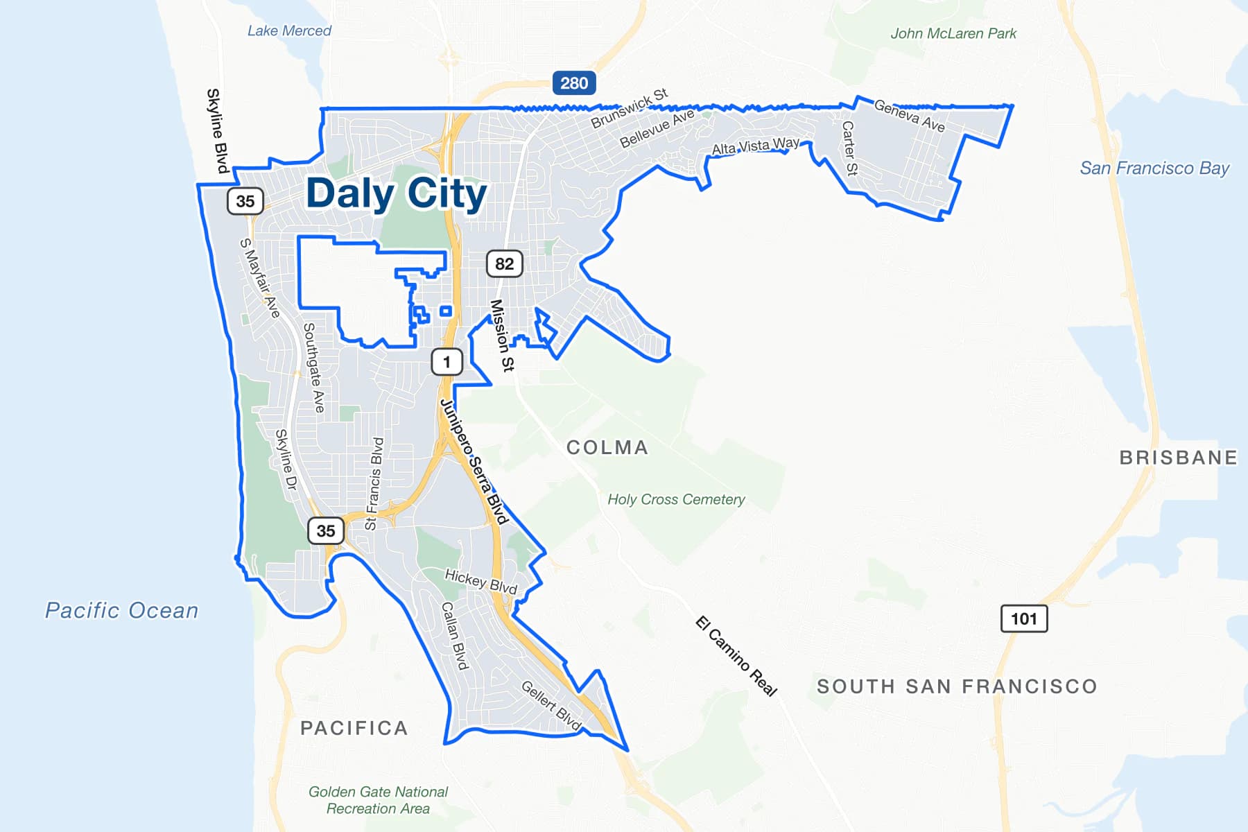 Street map of Daly City, California, with Interstate 280, State Route 1 and Mission Street labelled.