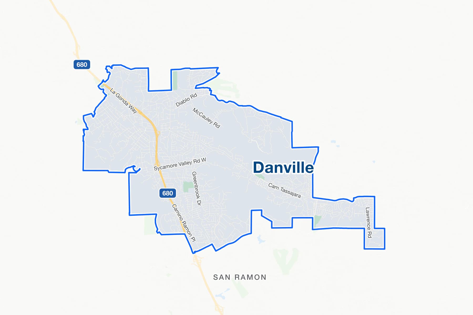 Street map of Danville, California, with Interstate 680 running north and south through the west side of town and Camino Tassajara heading east.