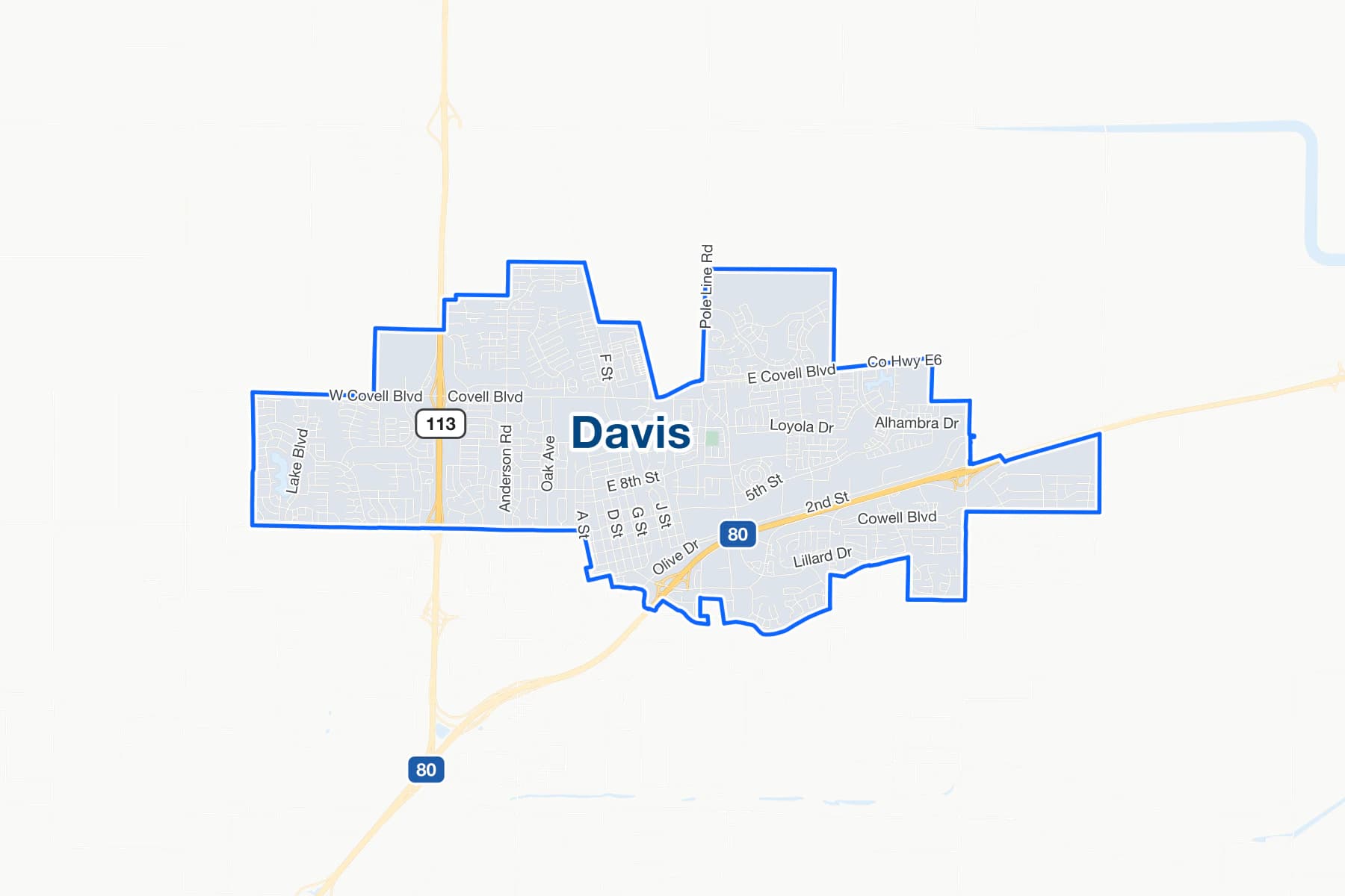 Mapa de Davis, California, con I-80, State Route 113 y Covell Boulevard.