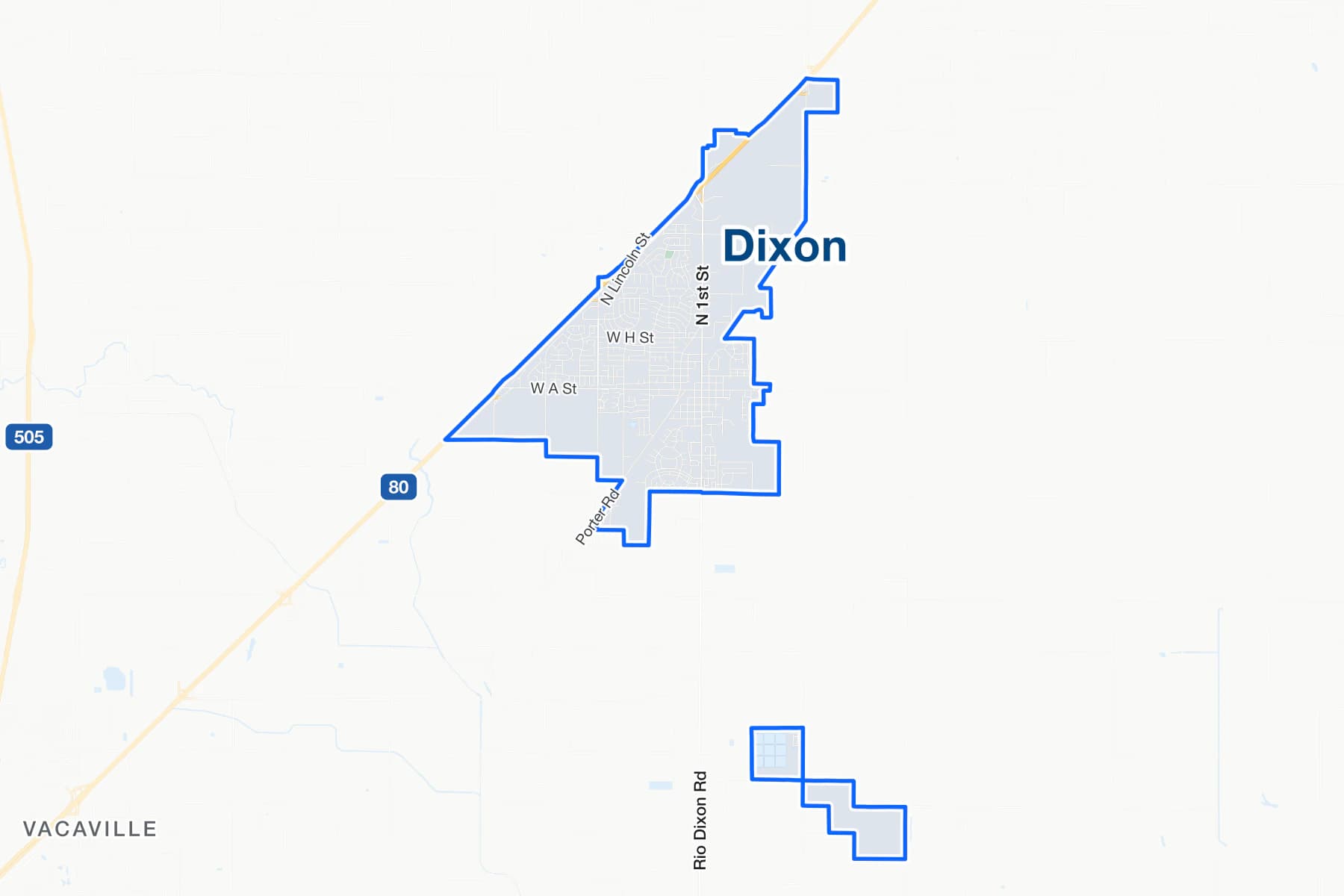 Mapa de calles de Dixon, California, con Interstate 80, State Route 113 y West A Street señalados.