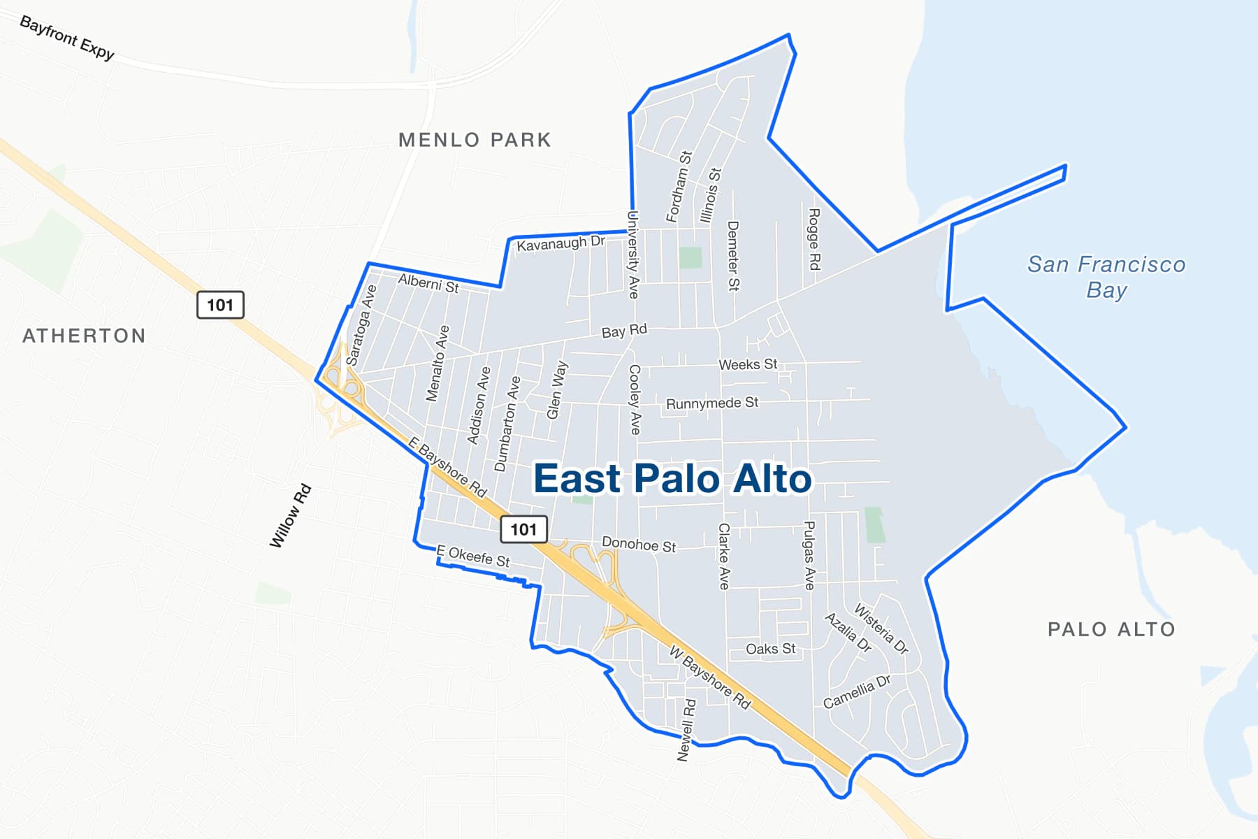 Mapa de calles de East Palo Alto, California, con US 101, University Avenue y Bay Road señalados.