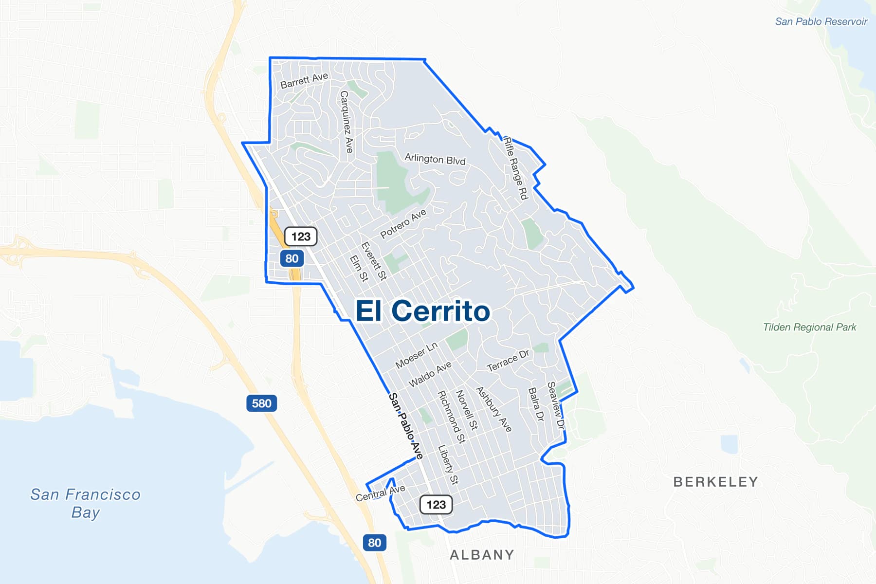 カリフォルニア州エルサリートの道路地図。San Pablo Avenue、Interstate 80、Arlington Boulevardまでの丘陵地、南隣のオールバニ。