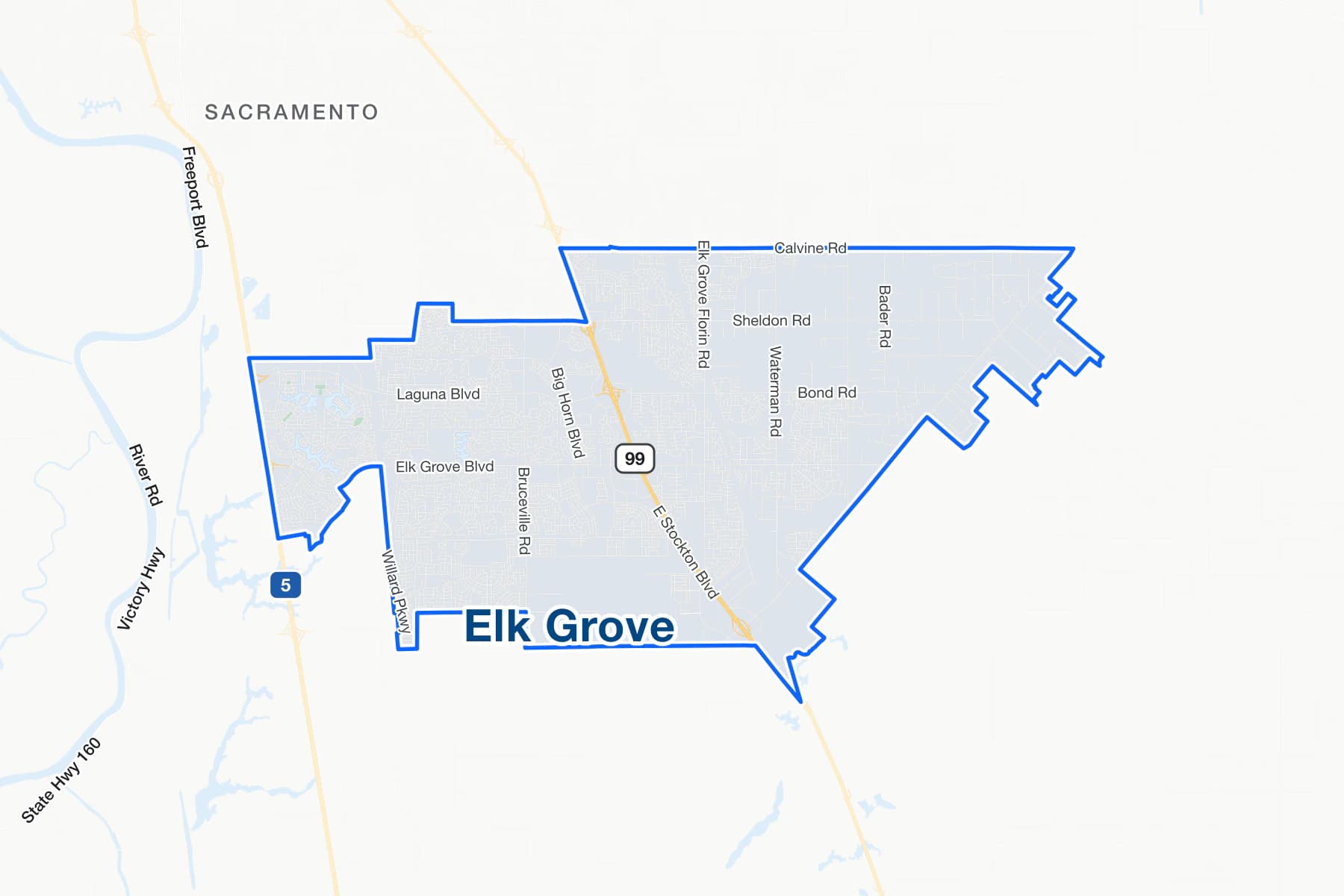 Карта улиц города Элк-Грова, Калифорния, с дорогами I-5, State Route 99 и Elk Grove Boulevard.