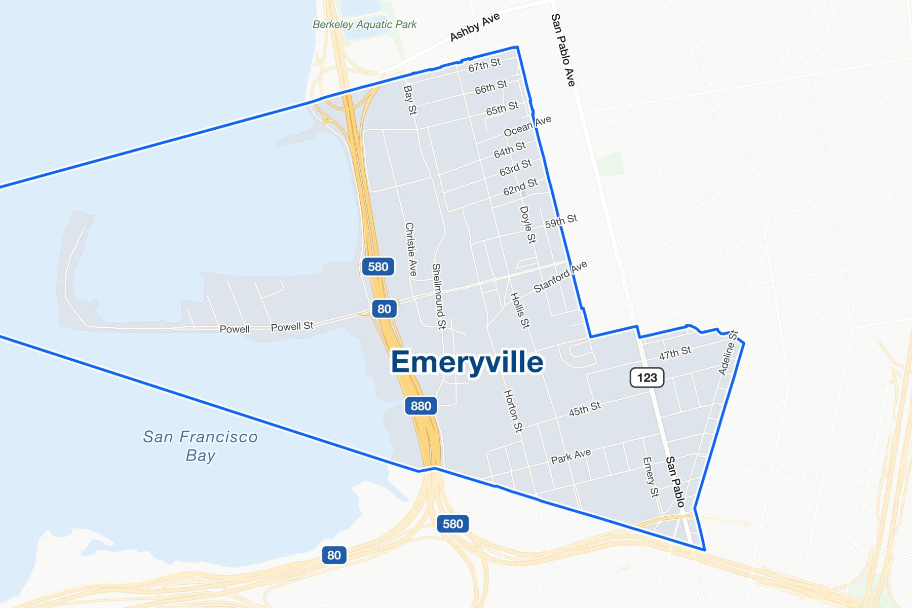 Street map of Emeryville between Oakland and Berkeley, with the Eastshore Freeway and the bay shore along its west side.