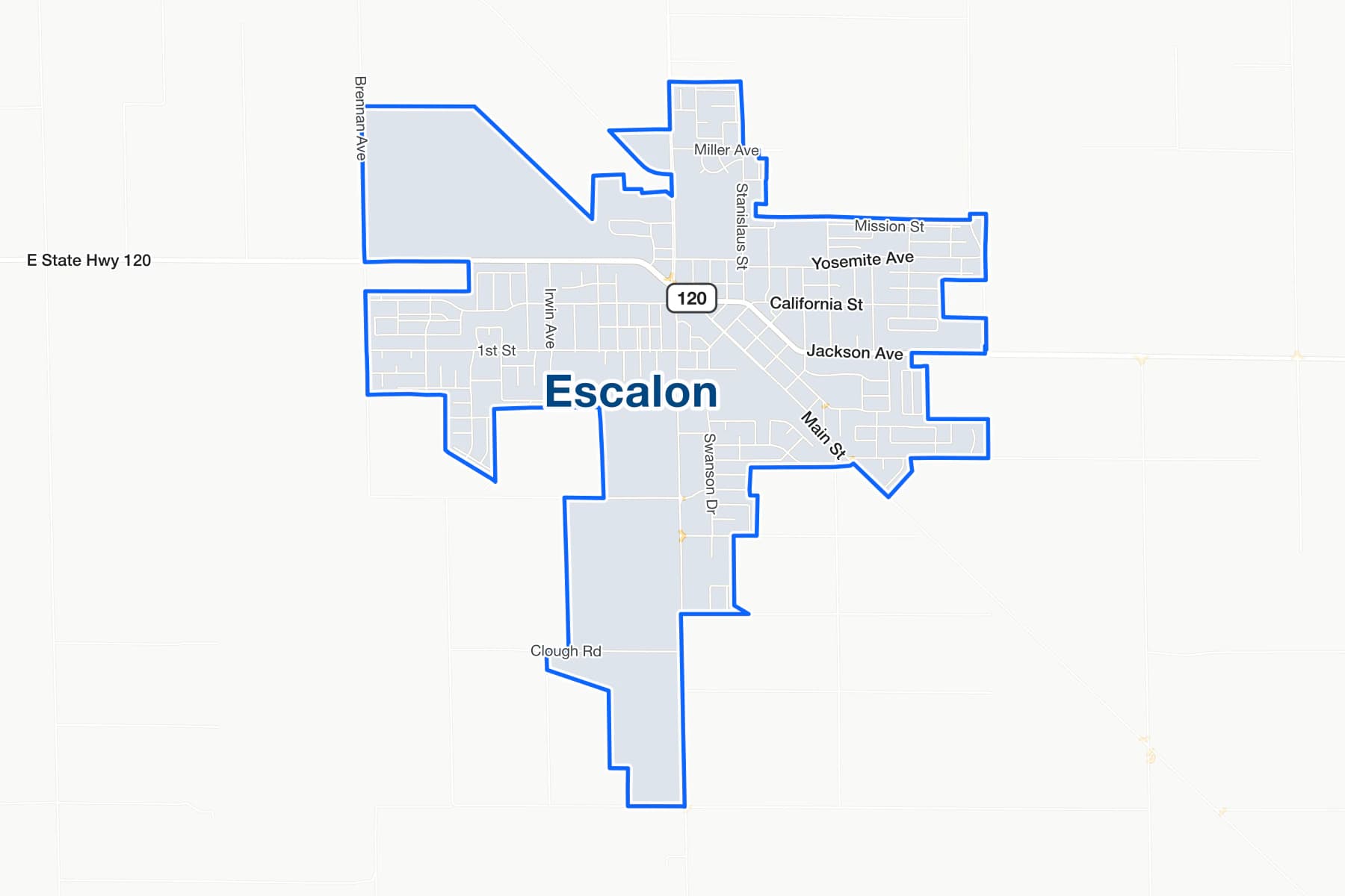 Street map of Escalon, California, with State Route 120, McHenry Avenue and Yosemite Avenue labelled.