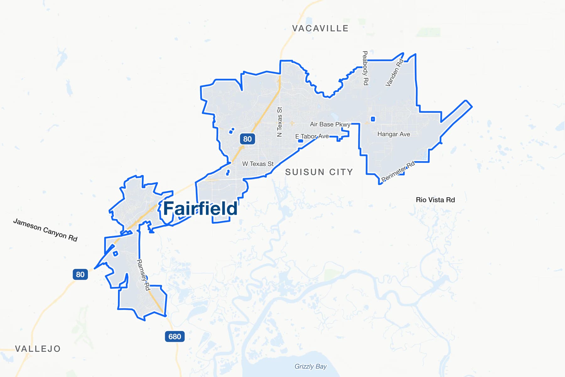 Street map of Fairfield, California, with Interstate 80, Interstate 680 and Air Base Parkway labelled.