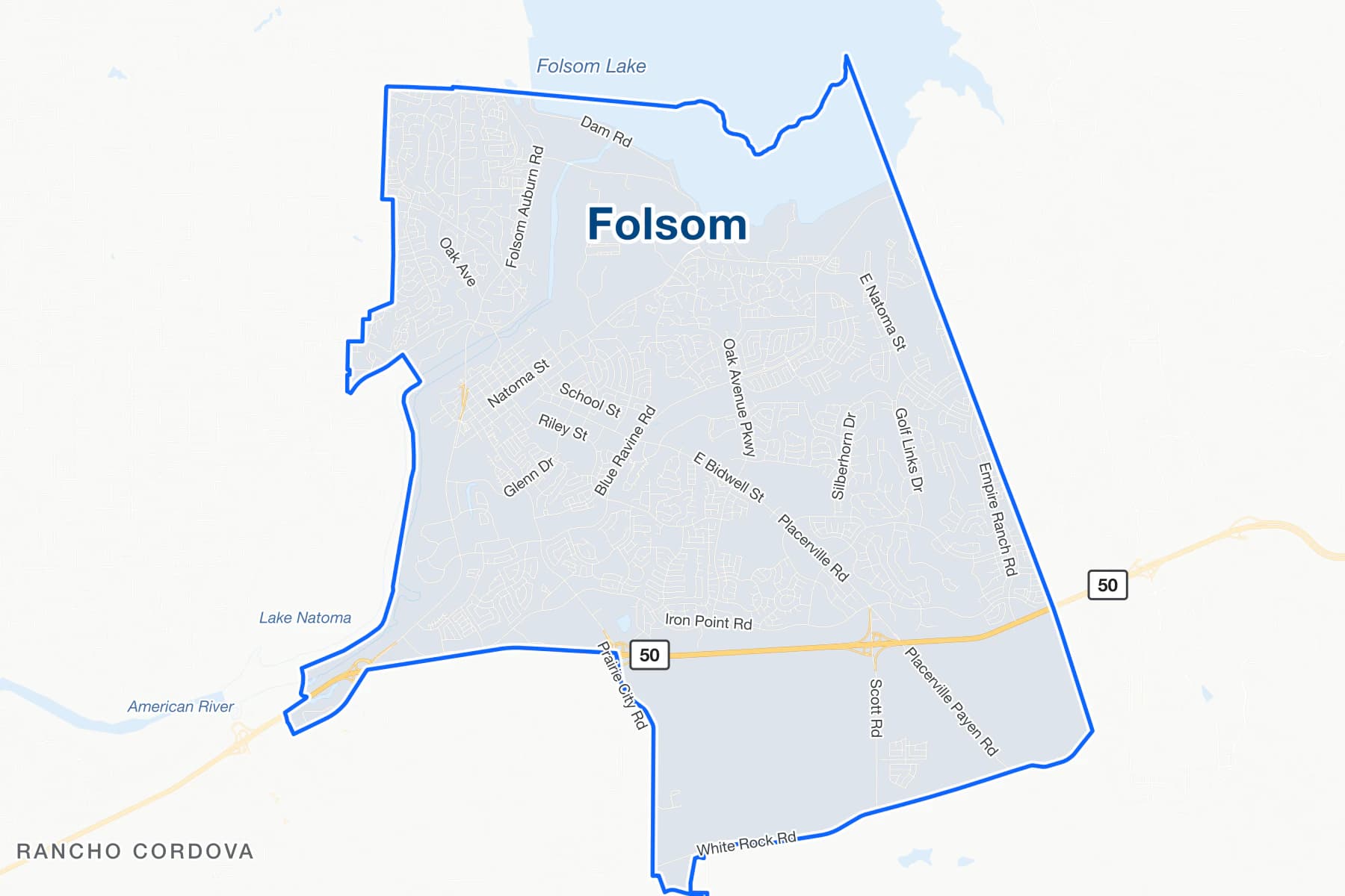 Street map of Folsom, California, with US 50, East Bidwell Street and Folsom Boulevard labelled.