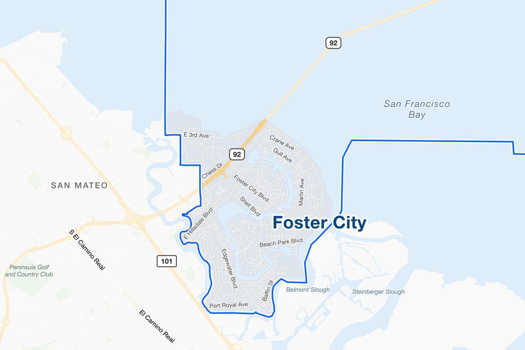 Карта улиц Фостер-Сити в Калифорнии с обозначениями State Route 92, Foster City Boulevard и Beach Park Boulevard.