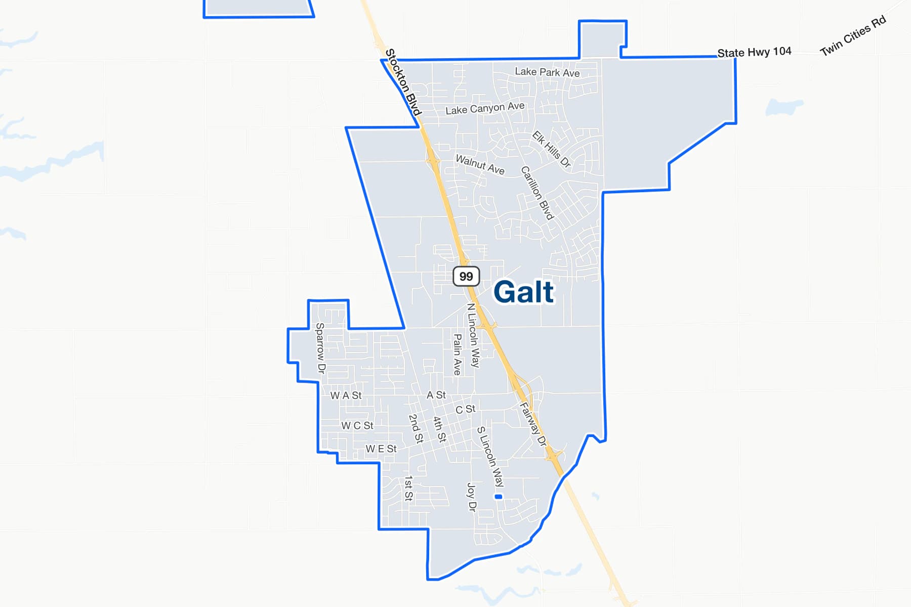 Street map of Galt, California, with State Route 99, Twin Cities Road and C Street labelled.