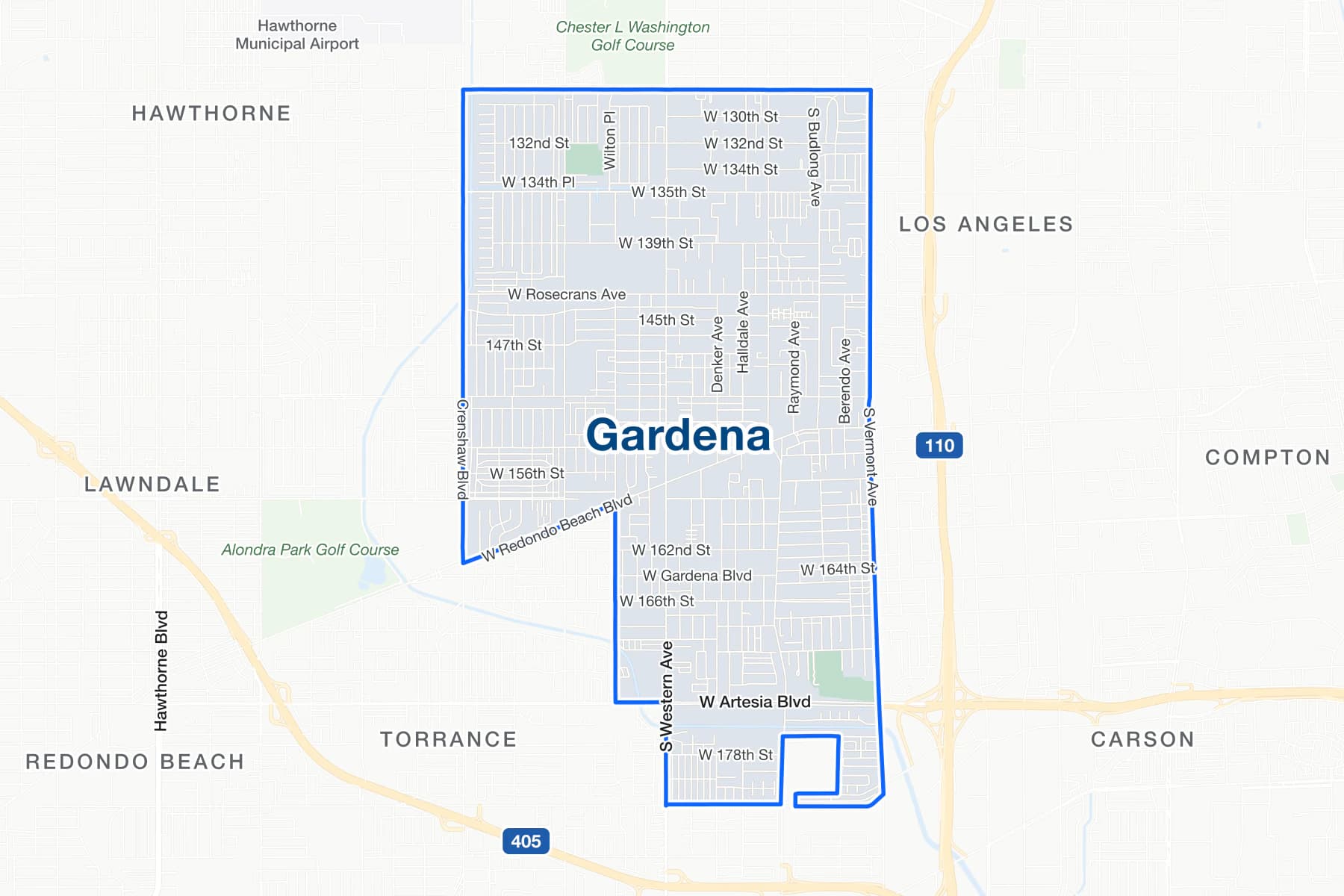 Street map of Gardena, California, with Interstate 110 labelled.