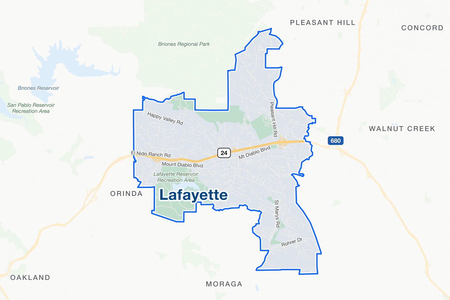 Street map of Lafayette, California, with State Route 24 crossing the city, Mount Diablo Boulevard, Pleasant Hill Road and St. Mary's Road labelled, and Briones Reservoir to the northwest.