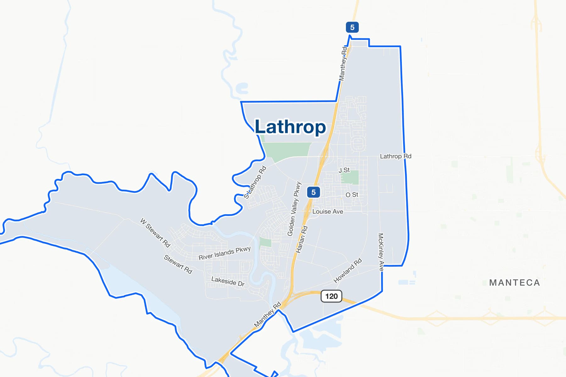 Street map of Lathrop, California, with I-5, State Route 120 and River Islands Parkway labelled.