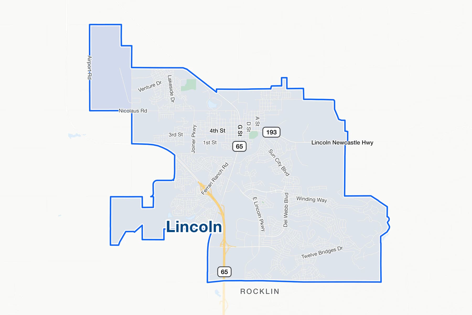 Mapa de calles de Lincoln, California, con State Route 65, Ferrari Ranch Road y Lincoln Boulevard señalados.