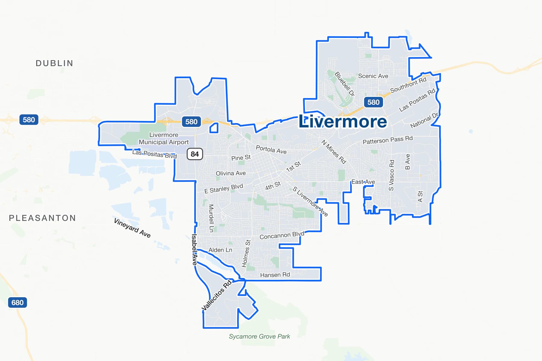 Street map of Livermore, California, with Interstate 580, State Route 84 and Isabel Avenue labelled.