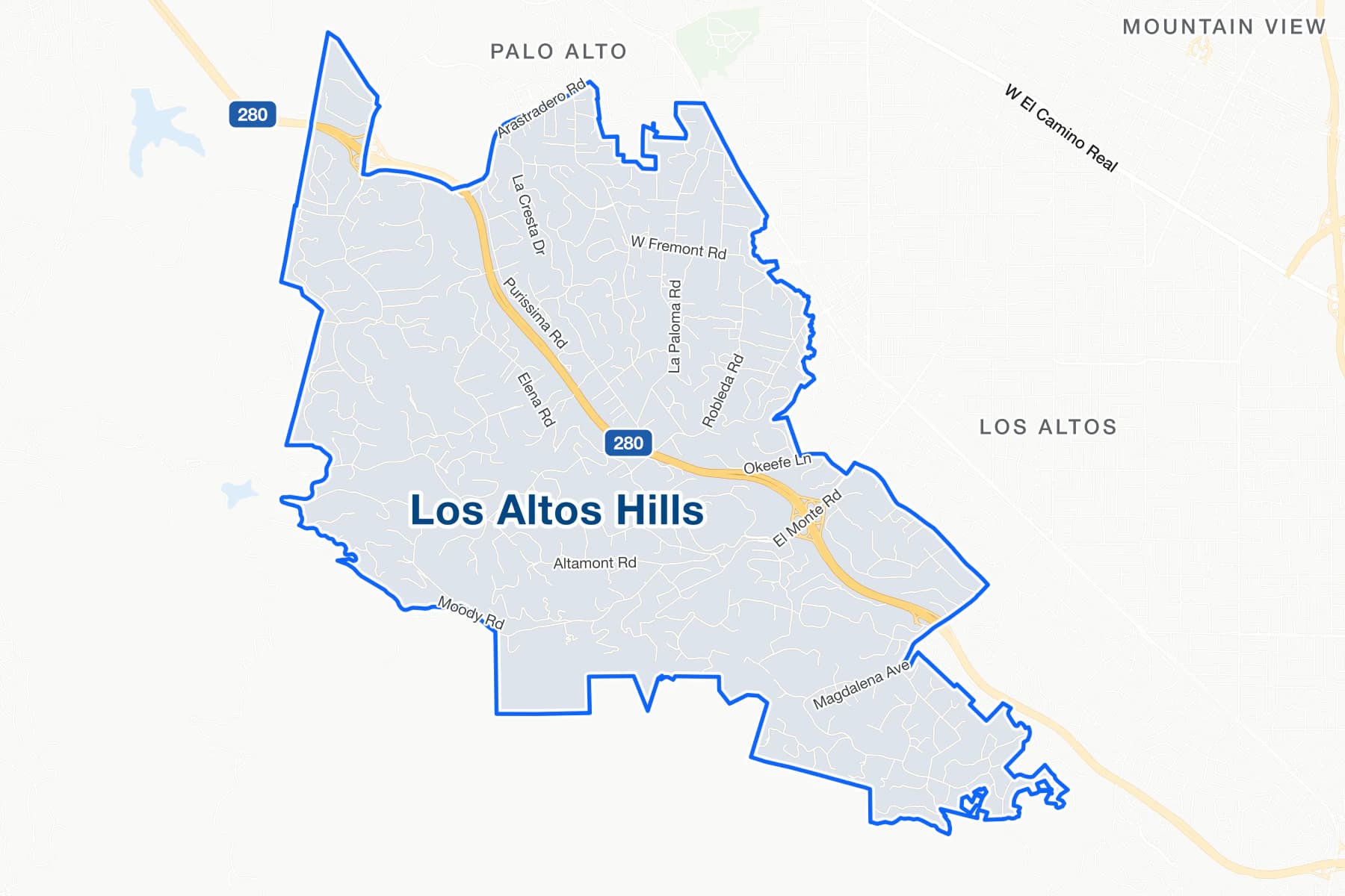 Mapa de calles de Los Altos Hills, California, con Fremont Road, Page Mill Road y la Interestatal 280 señalados.