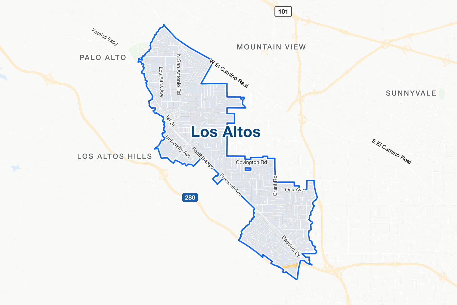 Street map of Los Altos, California, with El Camino Real, San Antonio Road and Foothill Expressway labelled.