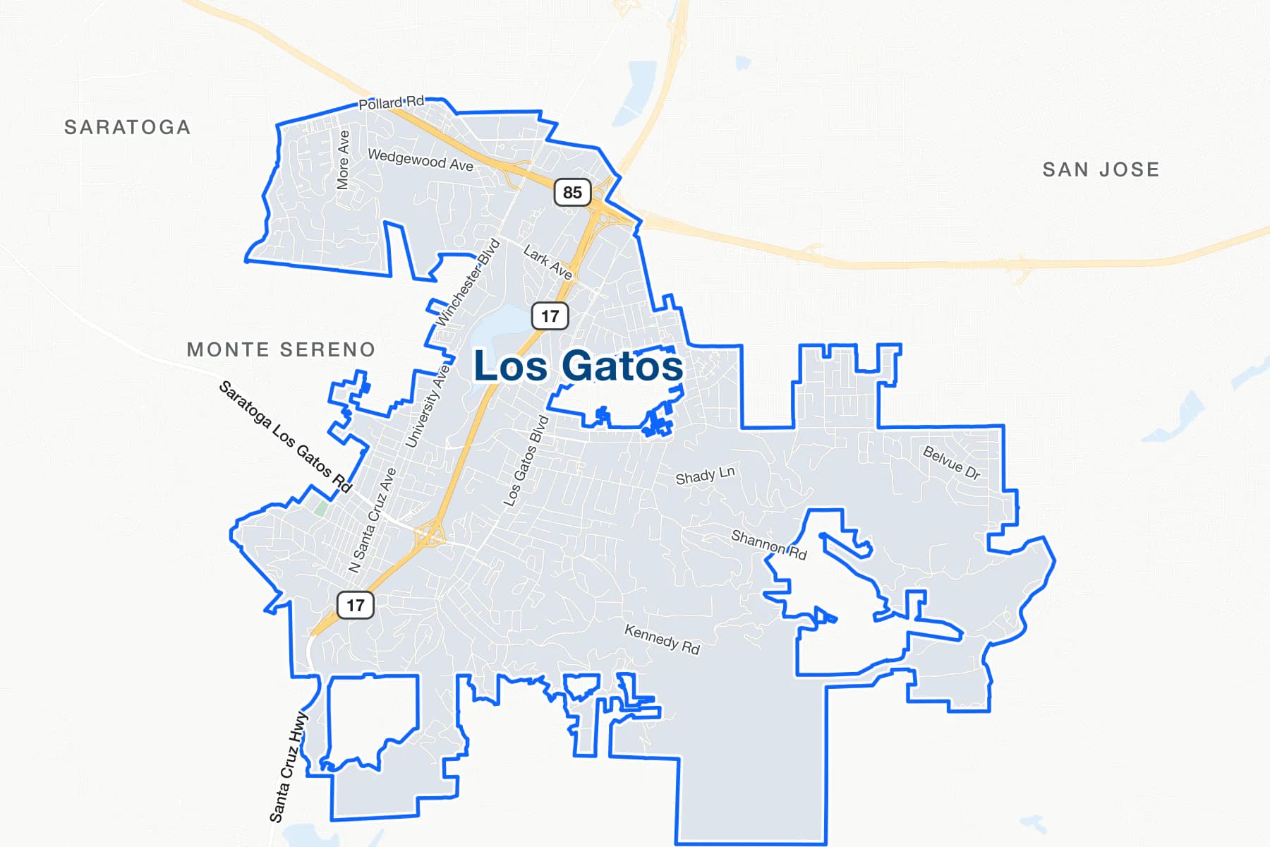 Mapa de calles de Los Gatos, California, con Santa Cruz Avenue, Blossom Hill Road y la ruta estatal 17 señalados.