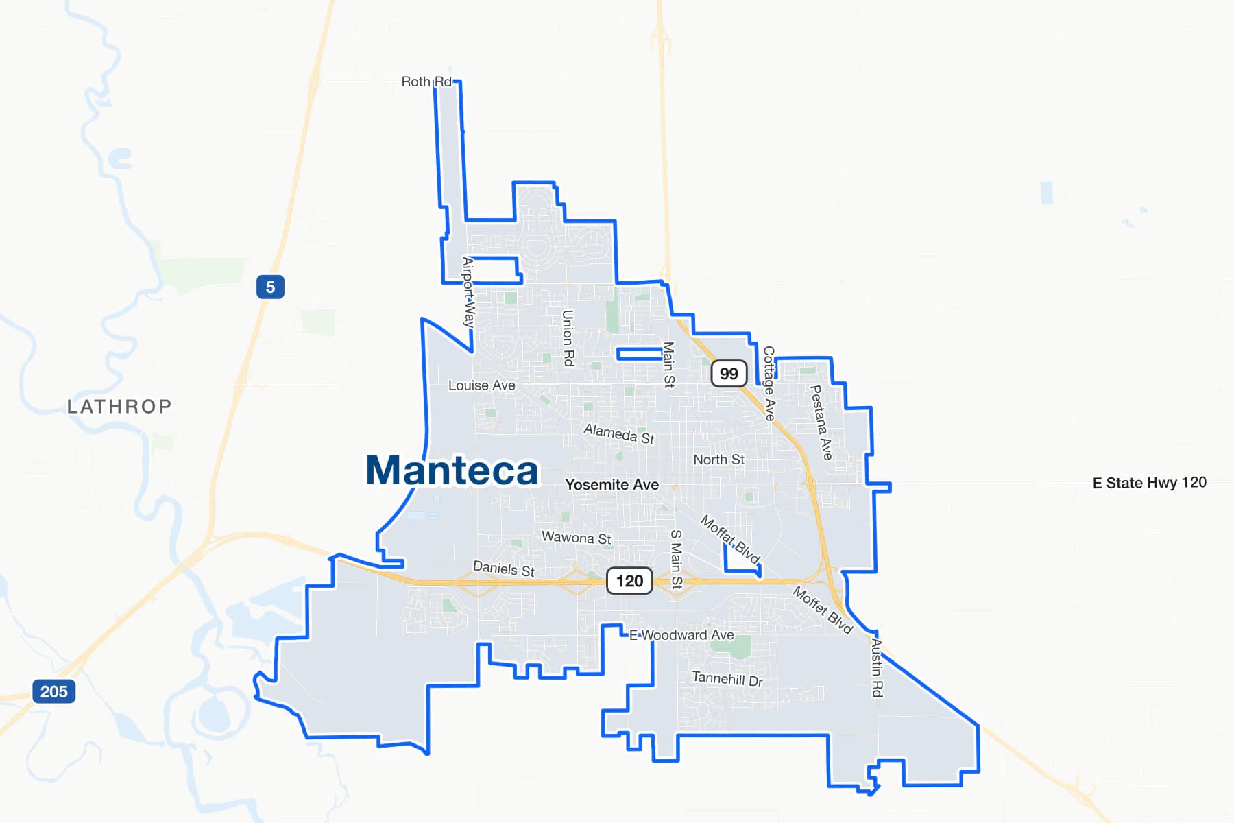 Street map of Manteca, California, with State Route 99, State Route 120 and Yosemite Avenue labelled.