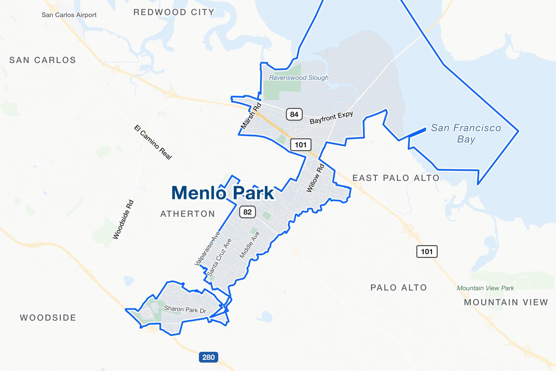 Карта улиц Менло-Парка в Калифорнии с обозначениями US 101, State Route 84 и El Camino Real.