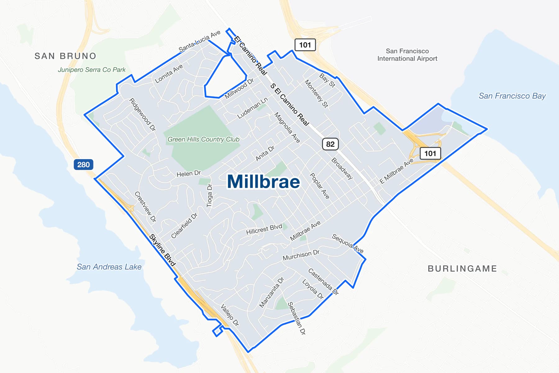 Mapa de calles de Millbrae, California, con US 101, Interstate 280 y Millbrae Avenue señalados.