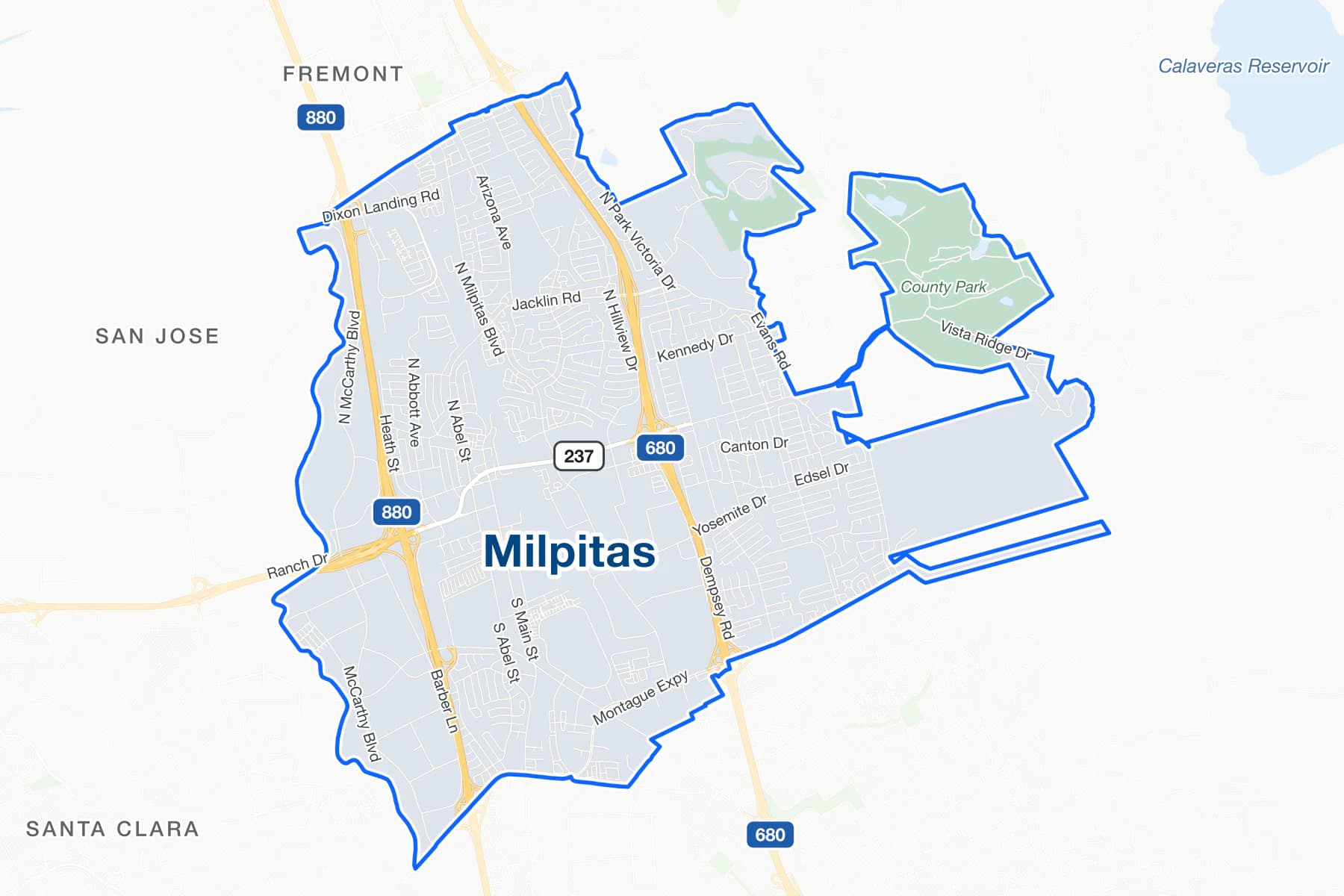 Карта улиц Милпитаса в Калифорнии с обозначениями I-880, I-680 и State Route 237.