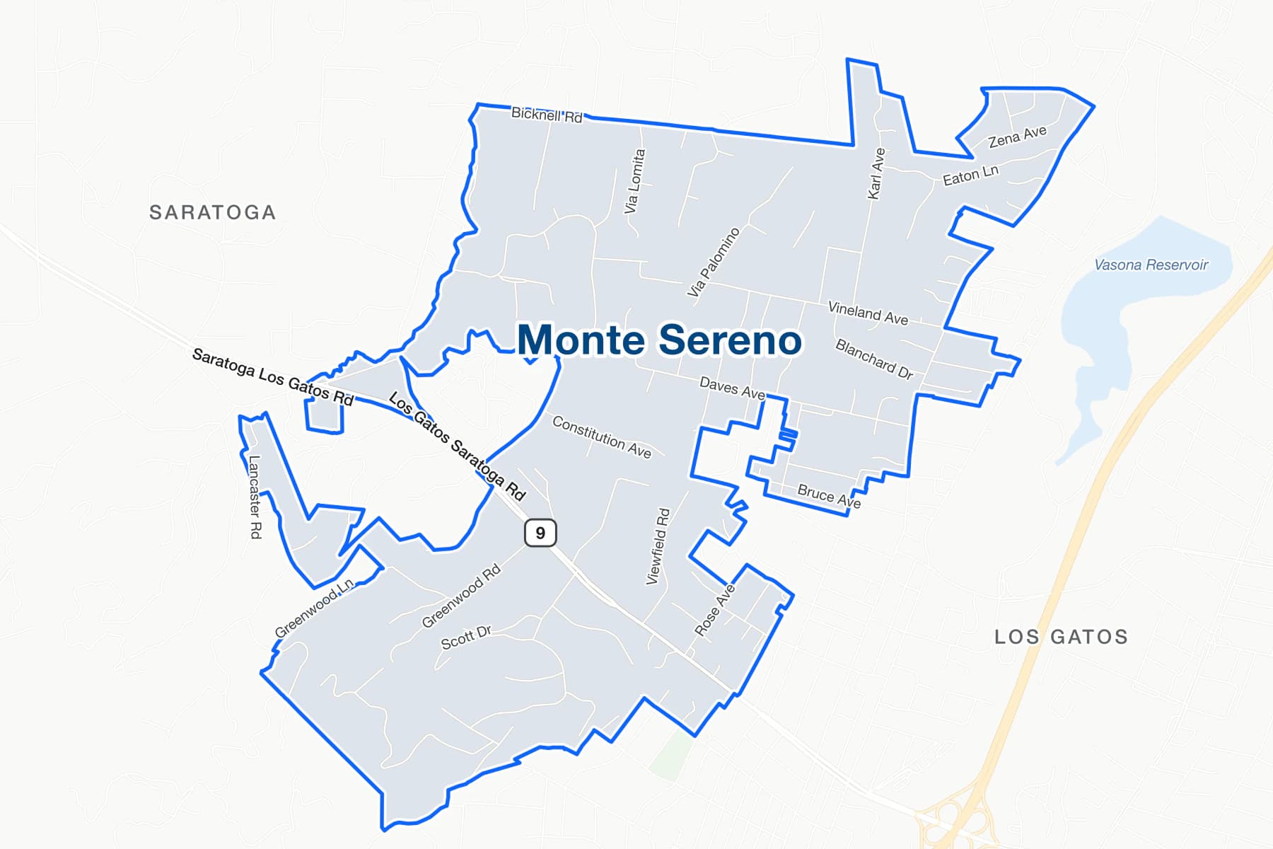 Карта улиц Монте-Серено в Калифорнии с обозначениями State Route 9, Saratoga-Los Gatos Road и Daves Avenue.