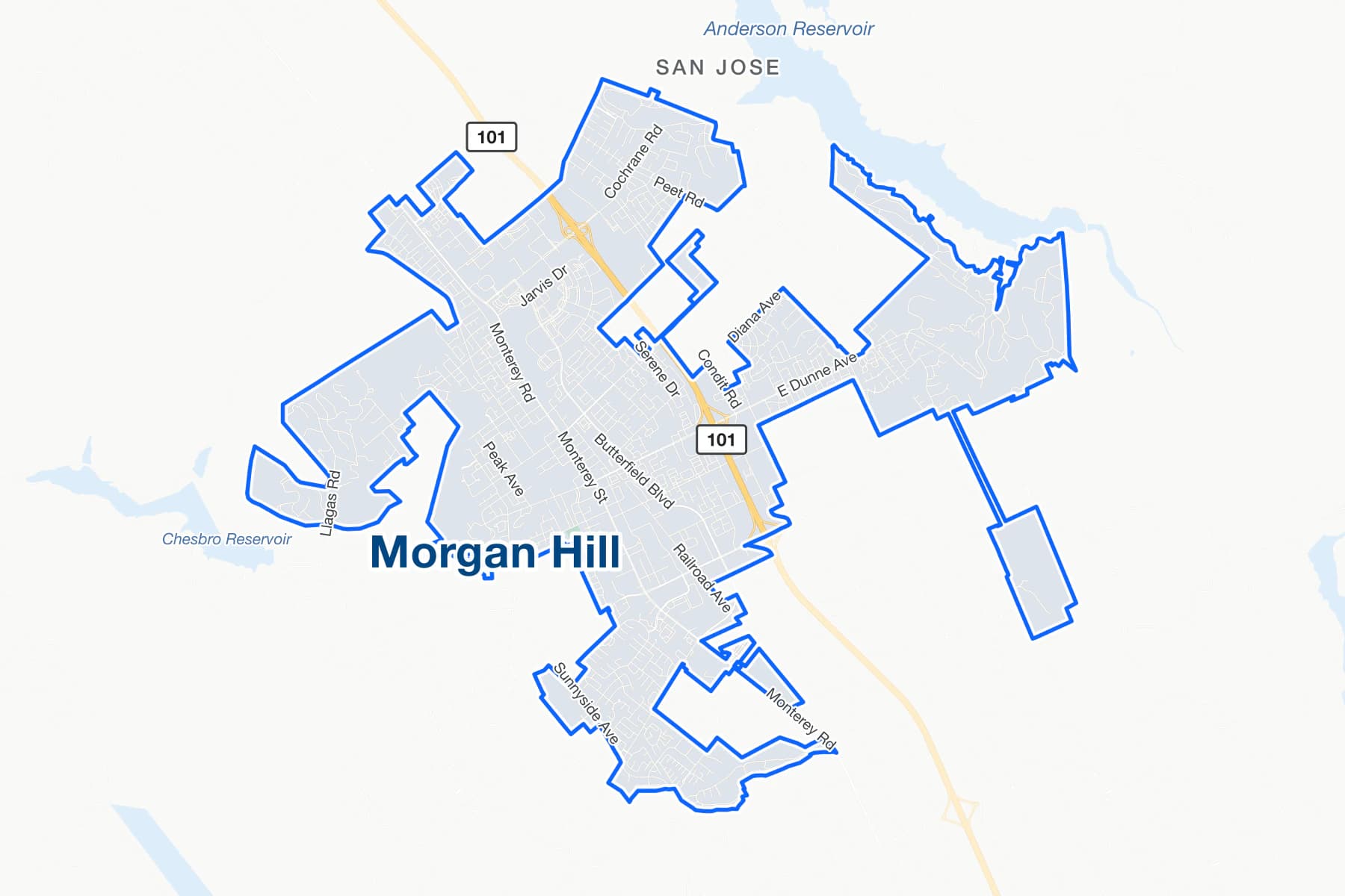 カリフォルニア州モーガンヒルの道路地図。US 101、Monterey Road、East Dunne Avenueを表示。