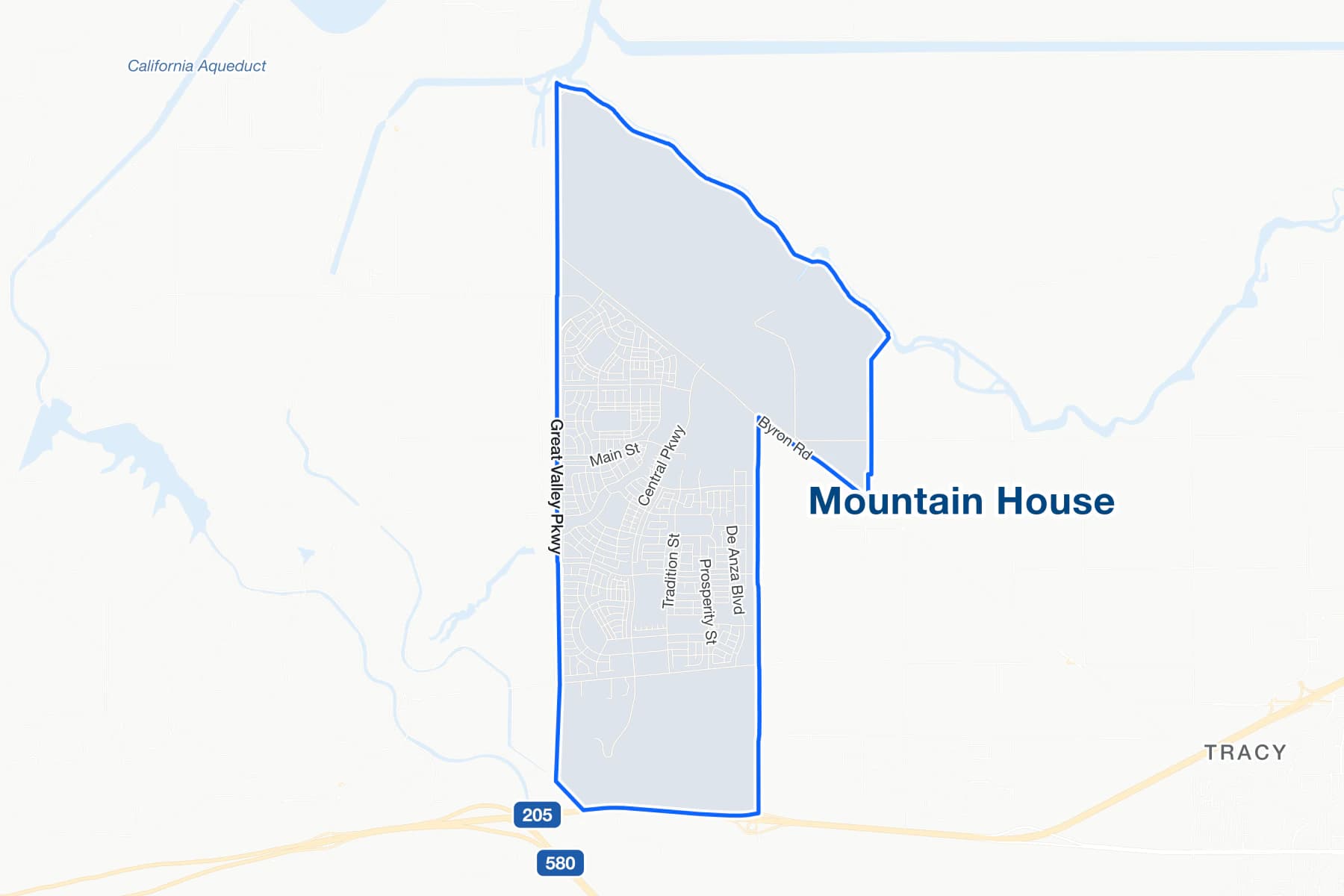 Street map of Mountain House, California, with I-205, Great Valley Parkway and Central Parkway labelled.