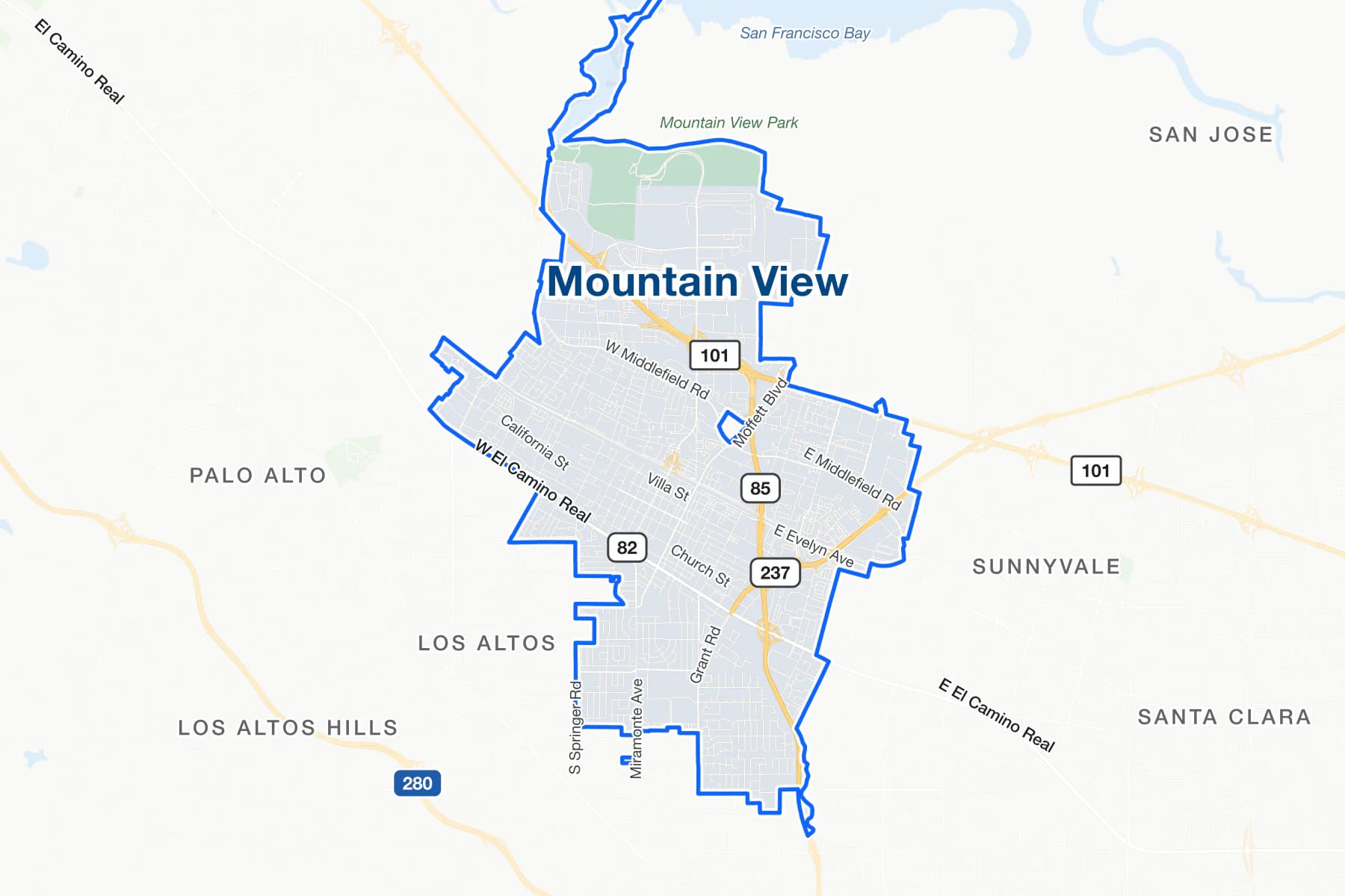 Mapa de calles de Mountain View, California, con US 101, State Route 85 y El Camino Real señalados.