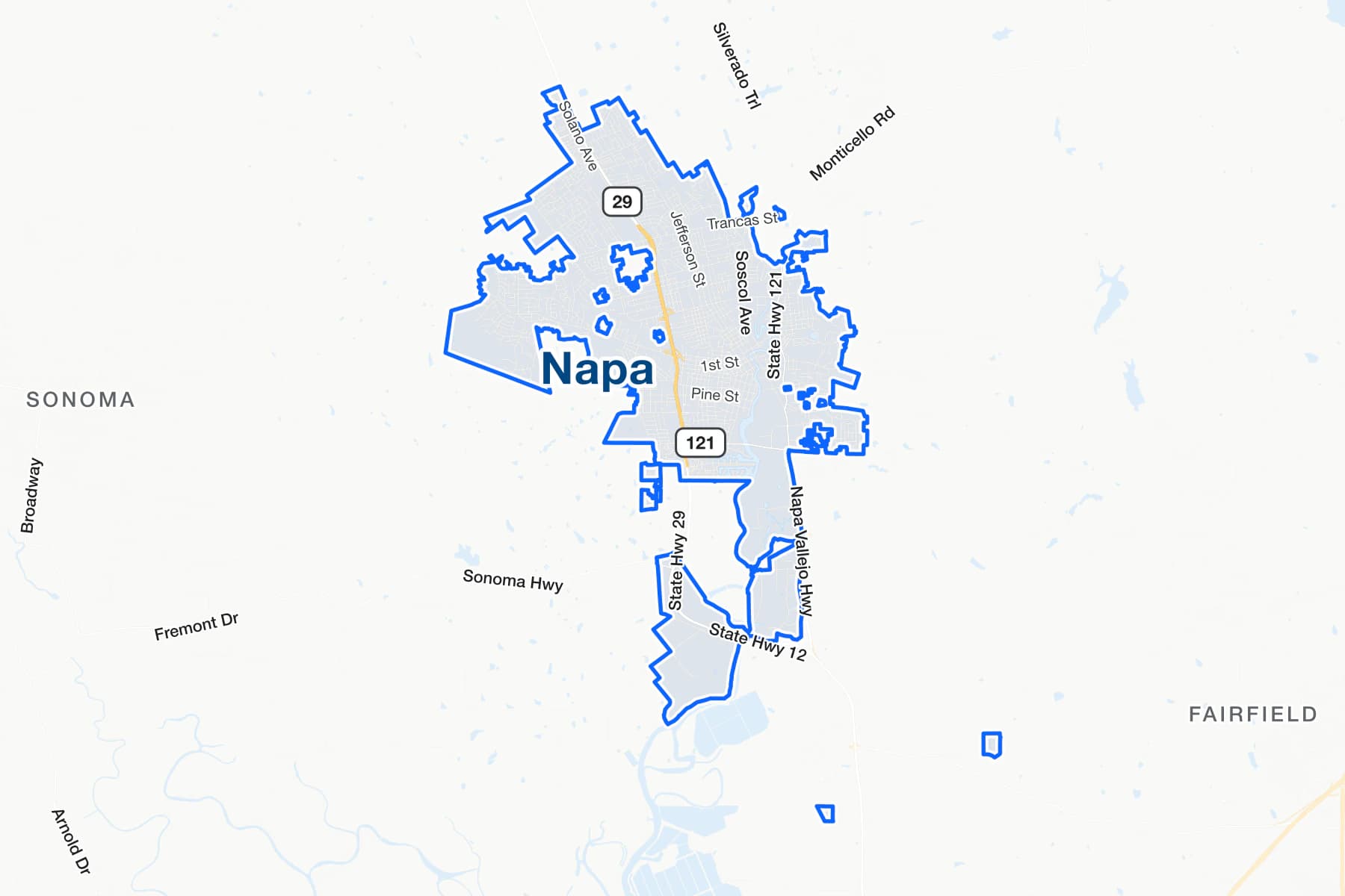 Mapa de Napa, California, con State Route 29.