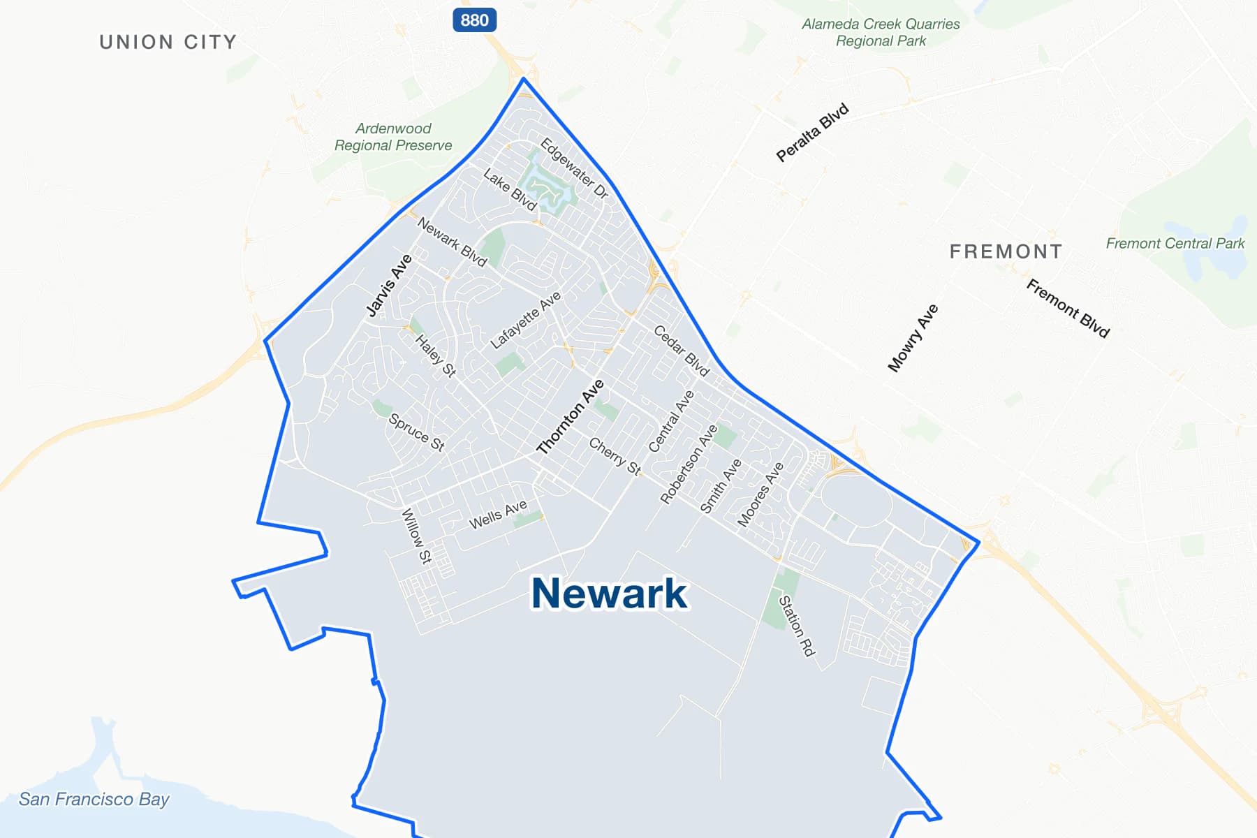 Карта улиц Ньюарка, Калифорния, с дорогами Interstate 880, Thornton Avenue и Mowry Avenue.