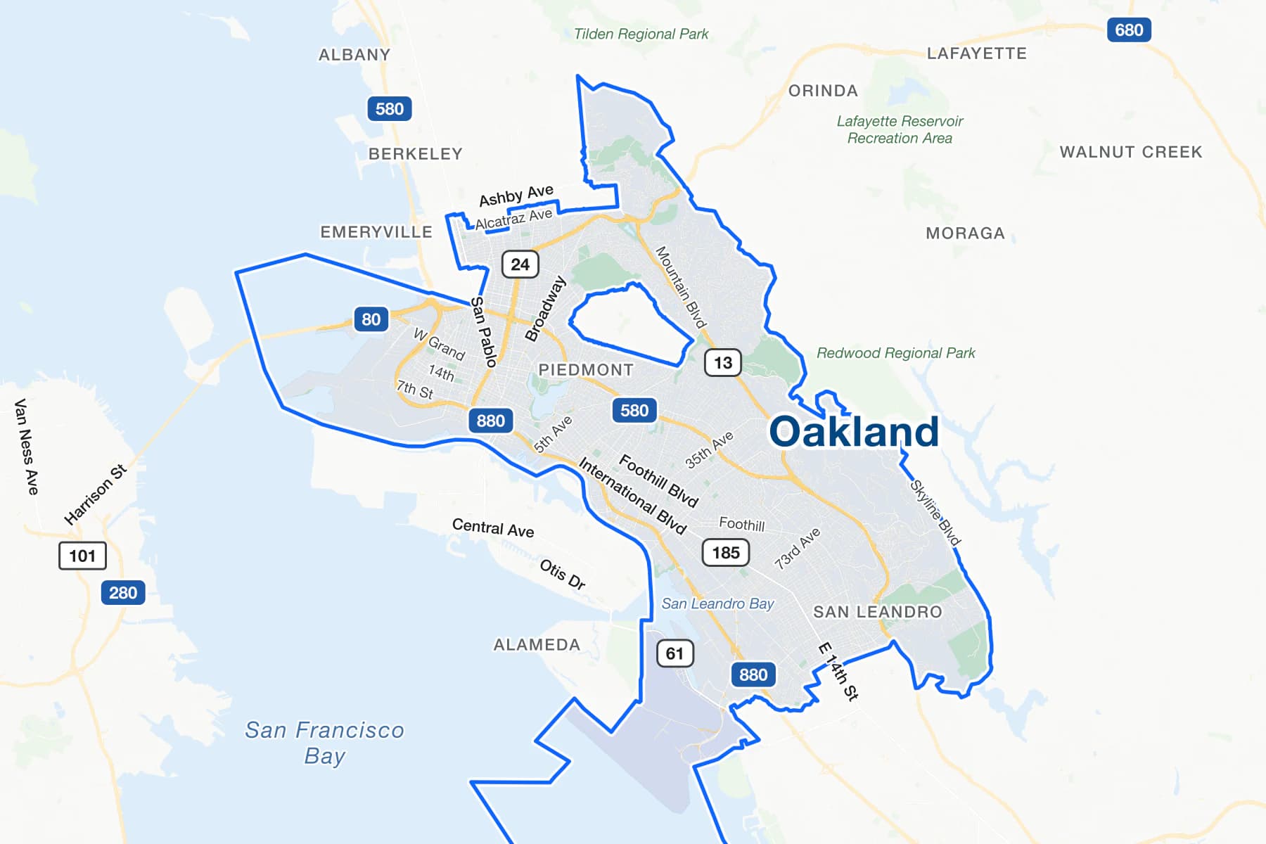 Street map of Oakland, California, with Interstate 880, Interstate 580, International Boulevard and Foothill Boulevard labelled.