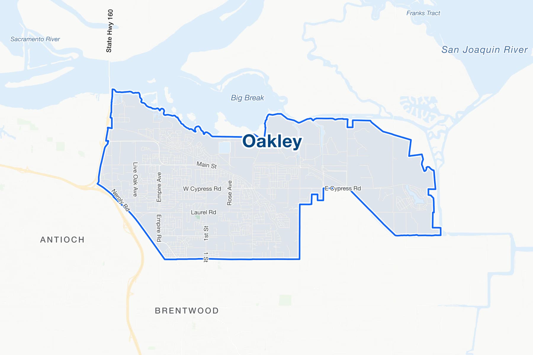 Street map of Oakley, California, with Main Street, Laurel Road, East Cypress Road and the San Joaquin River to the north.