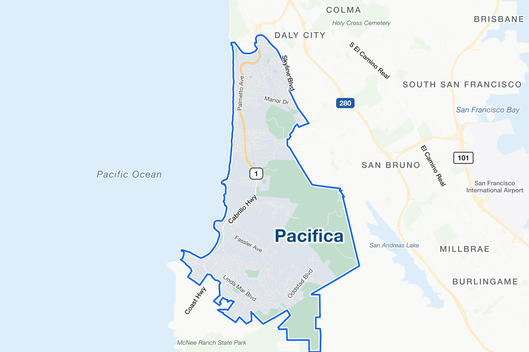 Street map of Pacifica, California, with State Route 1, Palmetto Avenue and Linda Mar Boulevard labelled.