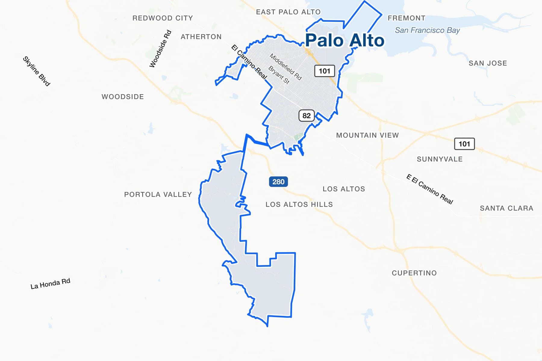 Mapa de calles de Palo Alto, California, con US 101, El Camino Real y Middlefield Road señalados.