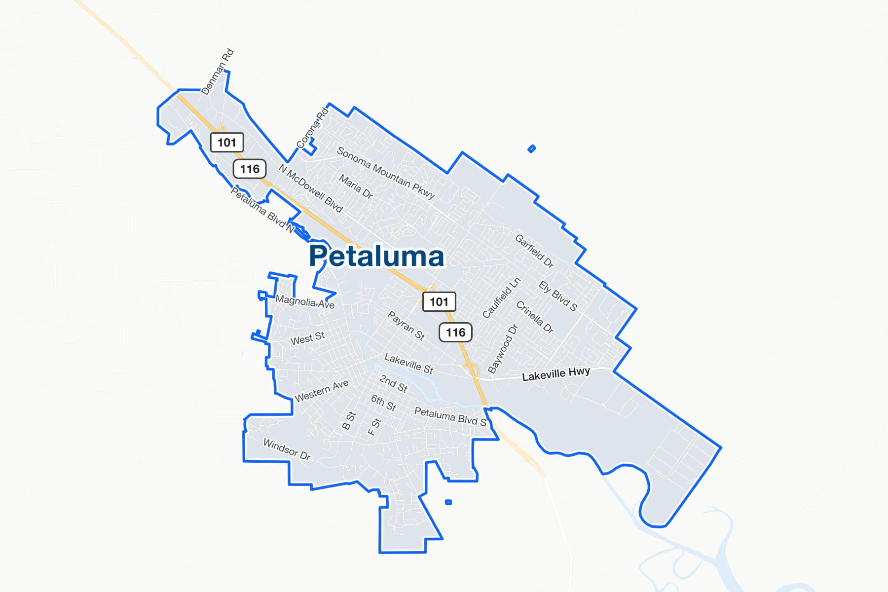 Street map of Petaluma, California, showing US-101.