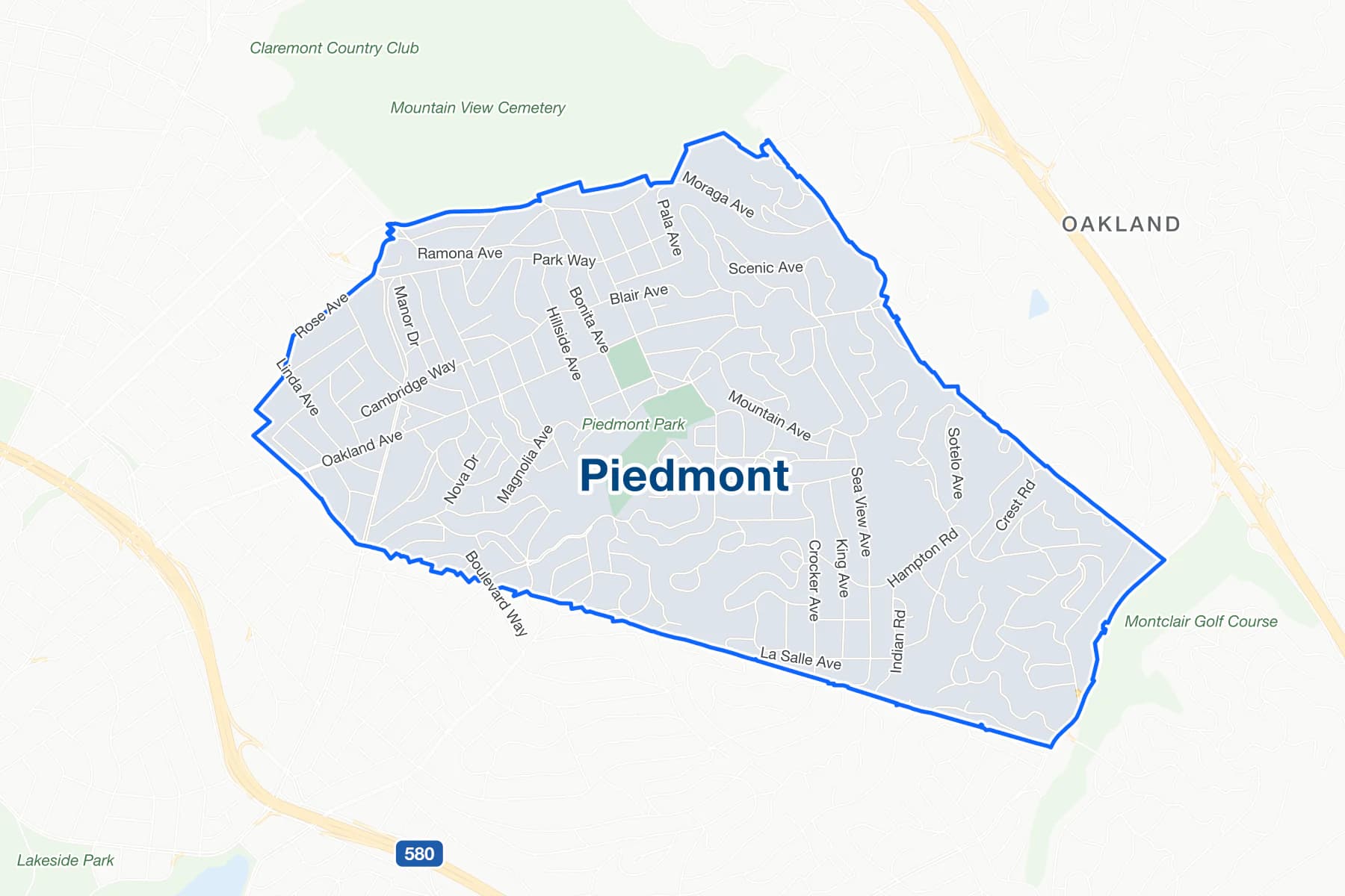 Street map of Piedmont inside its Oakland border, from Moraga Avenue in the north to La Salle Avenue in the south, with Piedmont Park at the center.